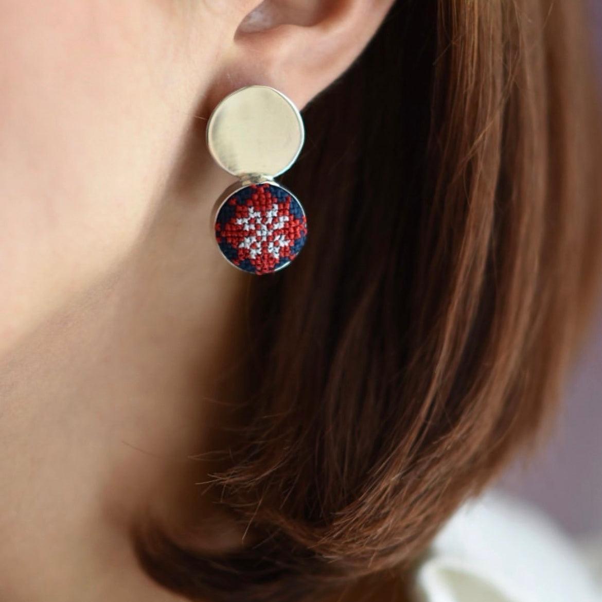 Persian Earrings-Handmade Silver Stud Earrings with Embroidery:Persian Jewelry -AFRA ART GALLERY