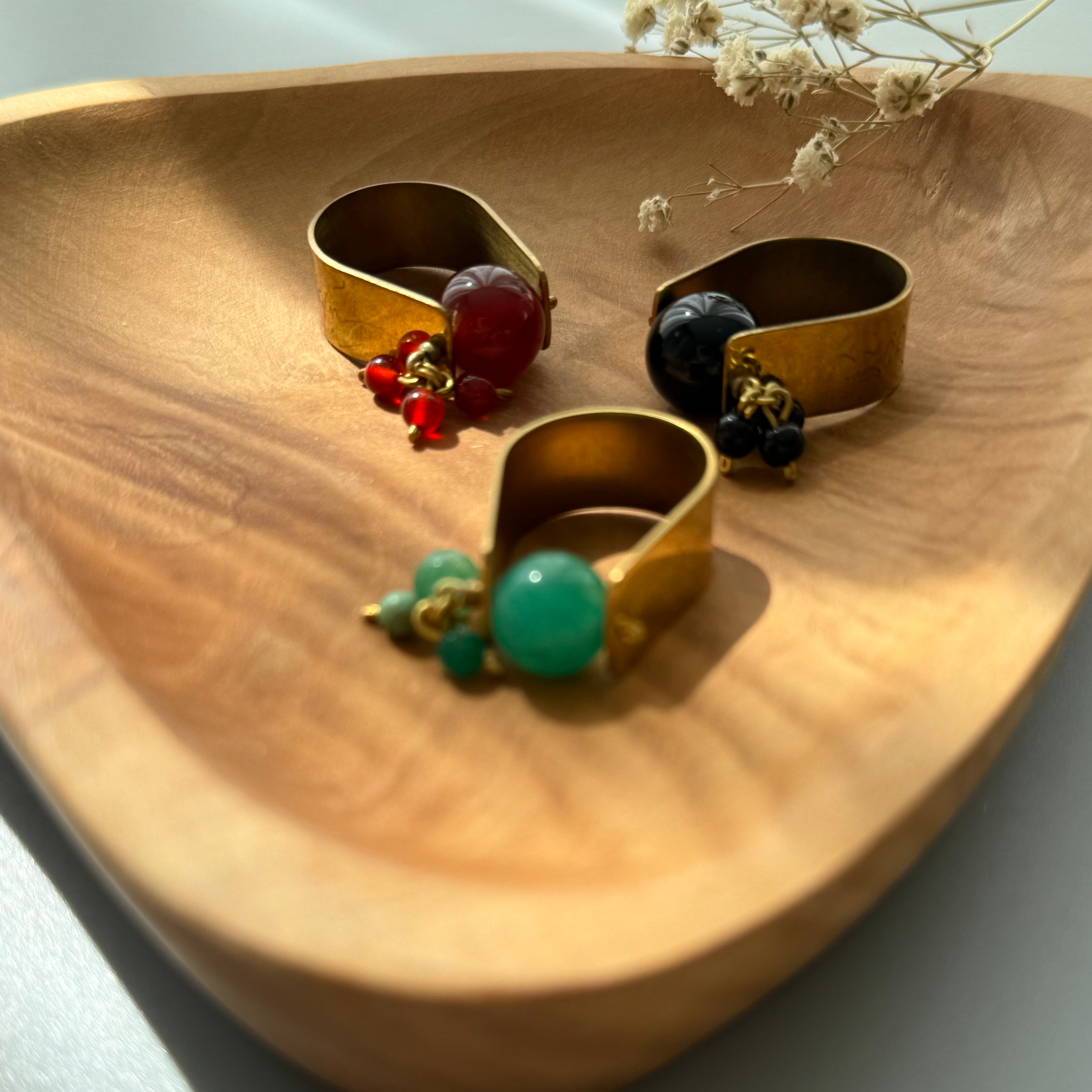 Handmade Brass Ring with Calligraphy and Gemstone Ball