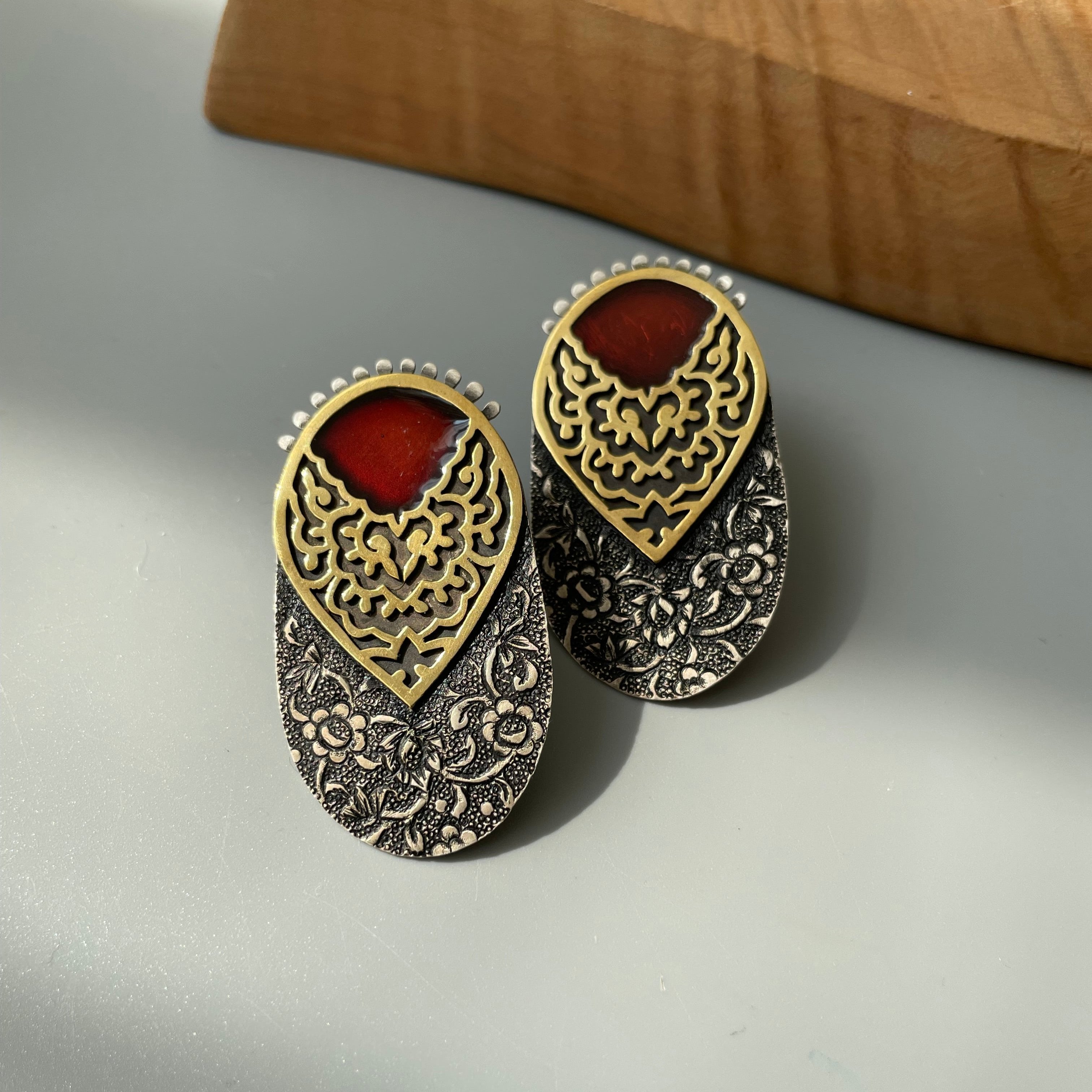 Persian Earrings Handmad Engraved Silver Dangle Earrings with Enamel:Persian Jewelry-AFRA ART GALLERY