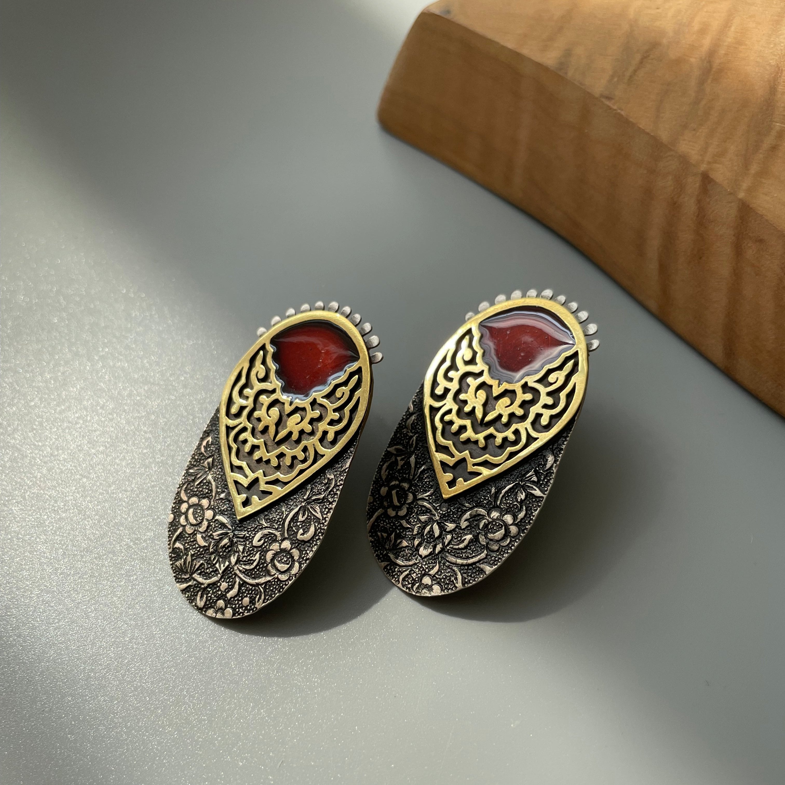 Persian Earrings Handmad Engraved Silver Dangle Earrings with Enamel:Persian Jewelry-AFRA ART GALLERY