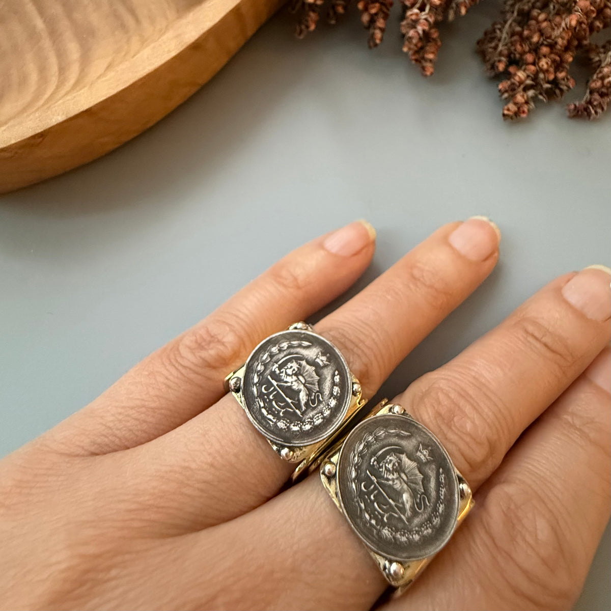 Handmade Brass Rings with Pahlavi Coin - AFRA ART GALLERY