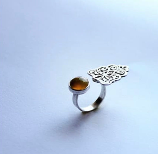 Persian Ring-Handmade Silver Ring with Persian Eslimi Pattern and Agate:Persian Jewelry-AFRA ART GALLERY