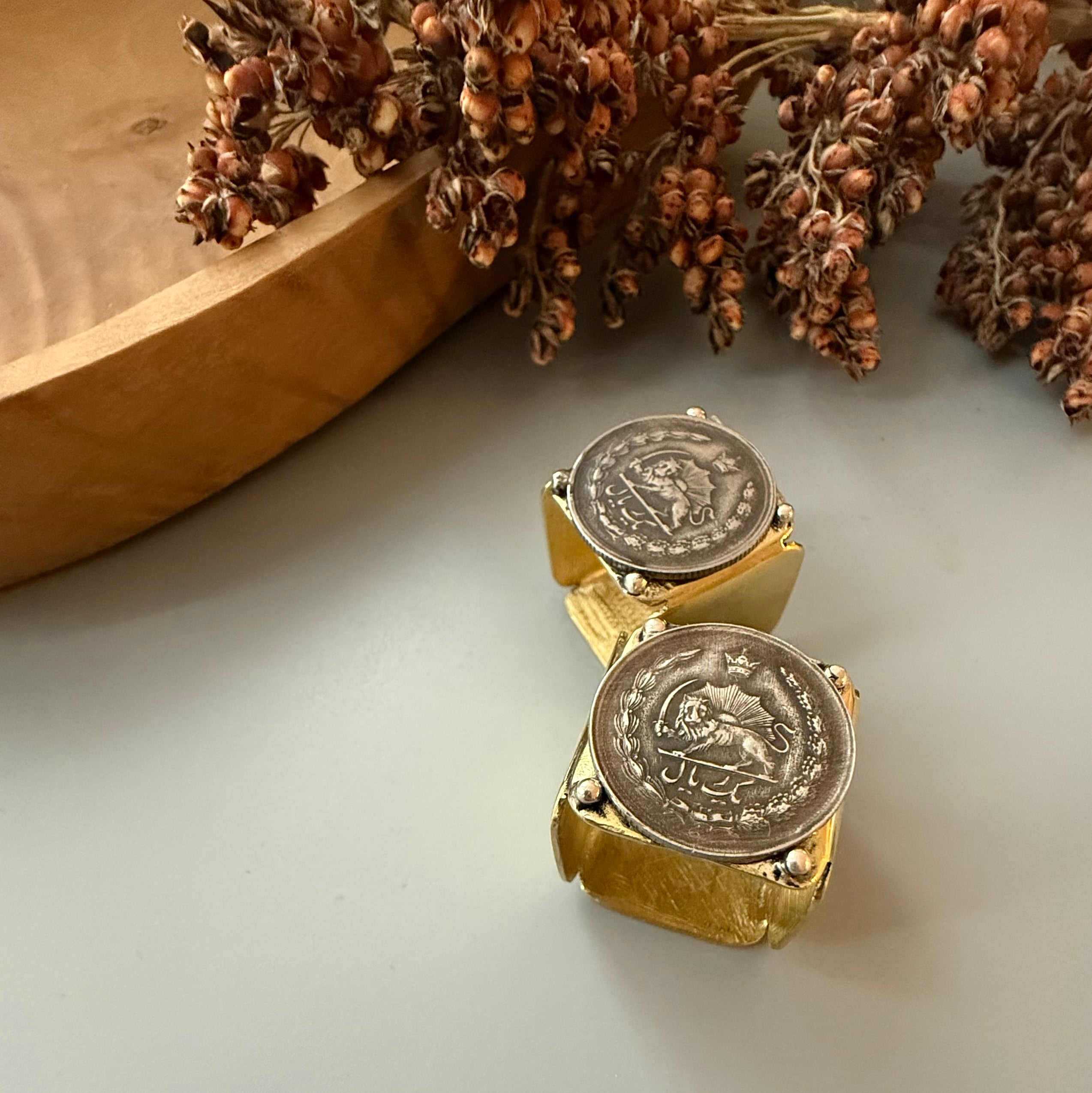 Handmade Brass Rings with Pahlavi Coin - AFRA ART GALLERY