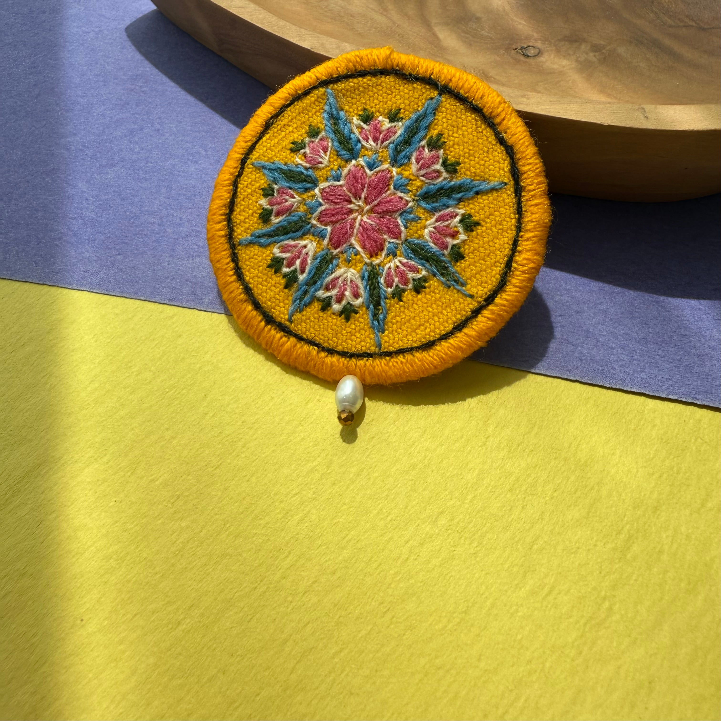 Full circle Embroidery Brooch in Yellow Shade