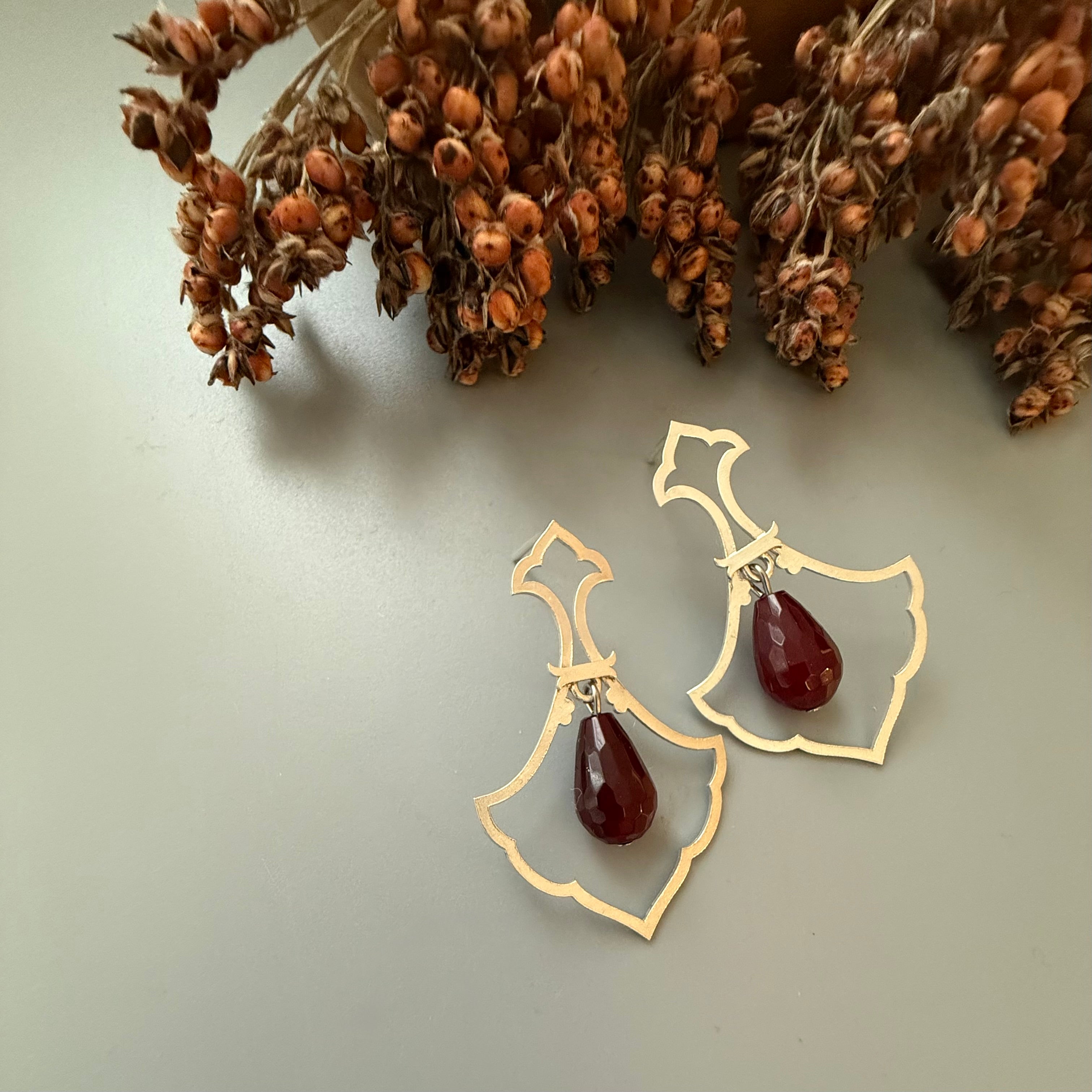 Silver Stud Earrings with Eslimi Motiff and Tear Drop Stone - AFRA ART GALLERY