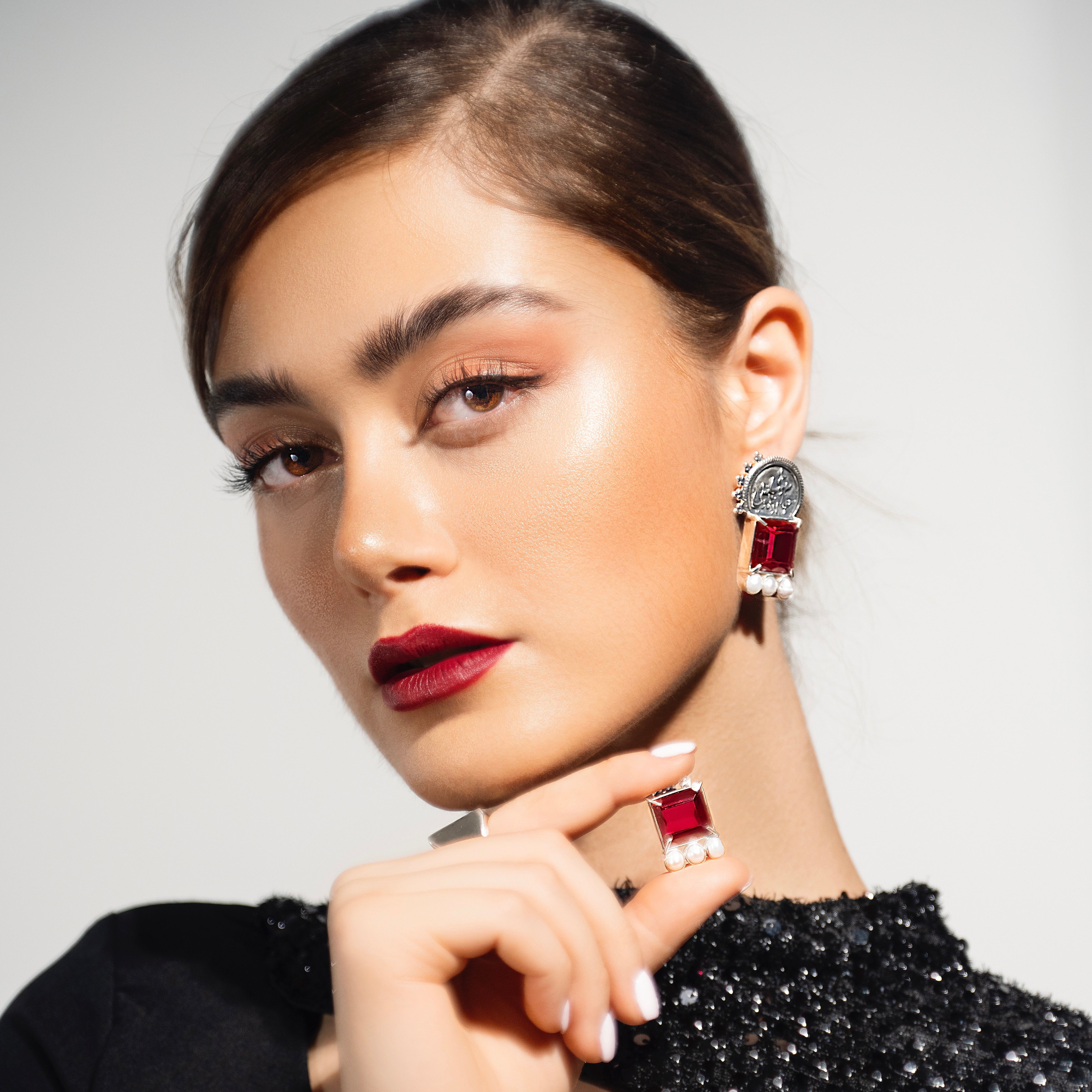 Persian Earrings Handmade Silver Asymmetrical Earrings with Persian Calligraphy and Red Crystal:Persian Jewelry-AFRA ART GALLERY
