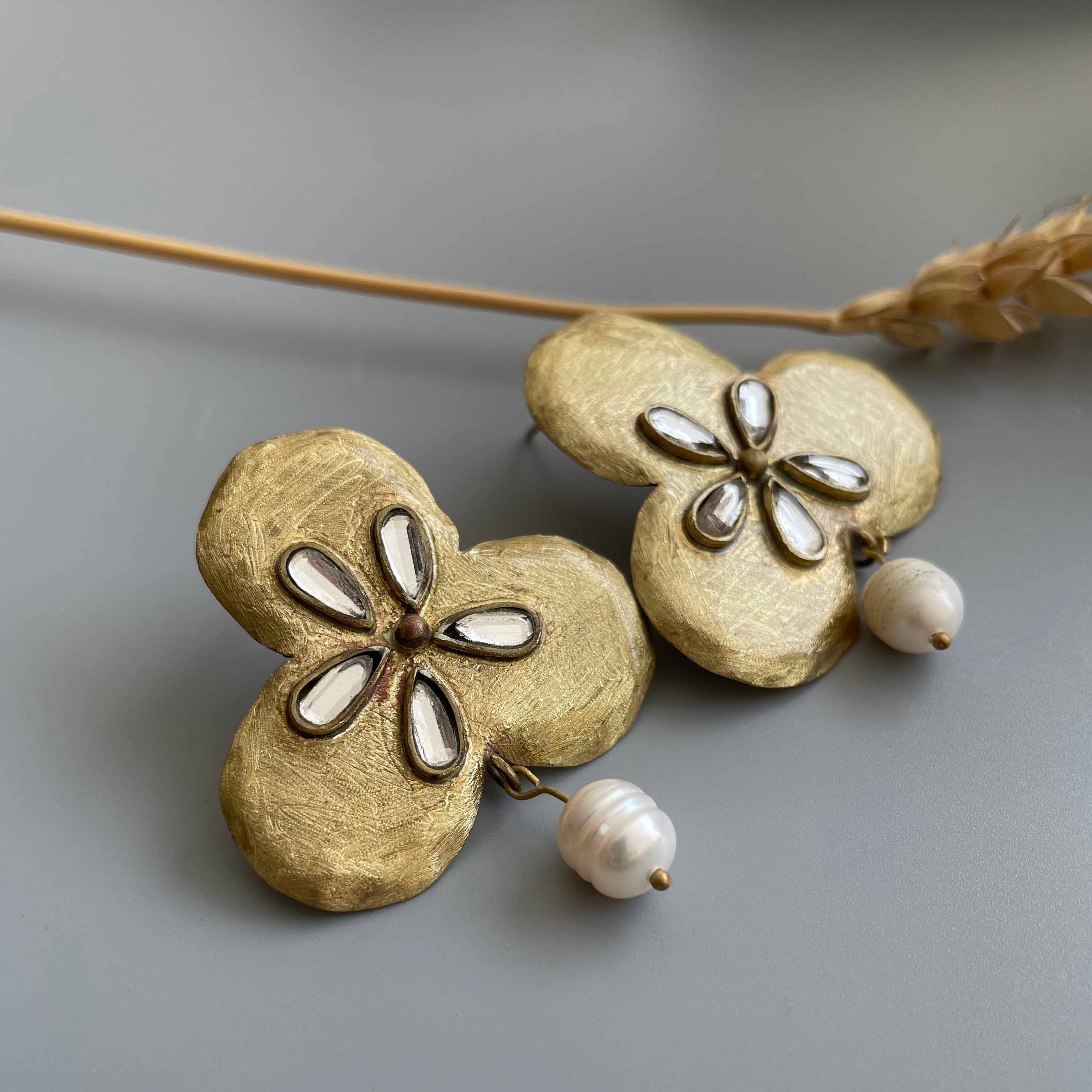 Persian Earrings Handmade Brass Flower Earrings Decorated with Mirror:Persian Jewelry-AFRA ART GALLERY