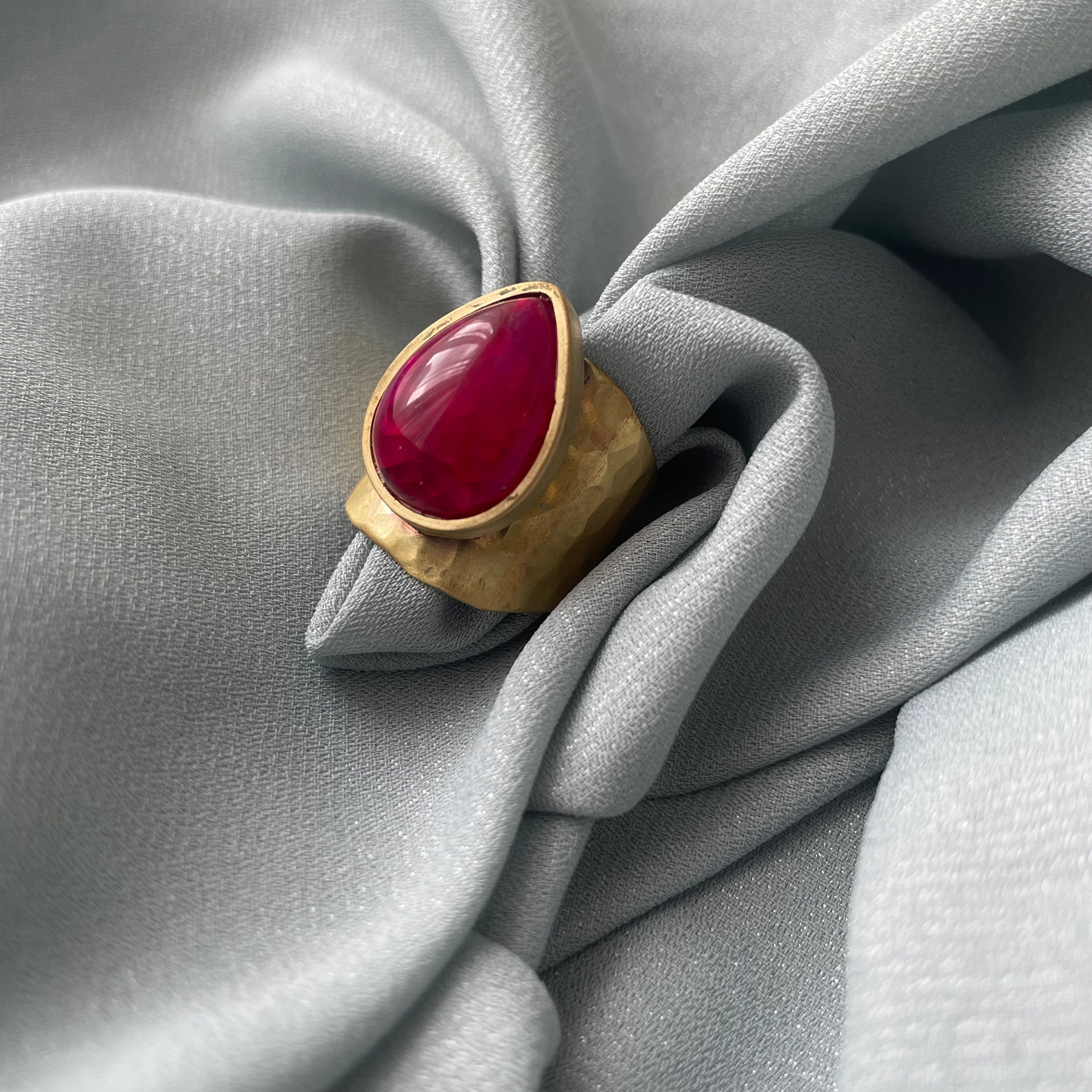 Brass Handmade Ring with Teardrop Shaped Raspberry Colored Gemstone