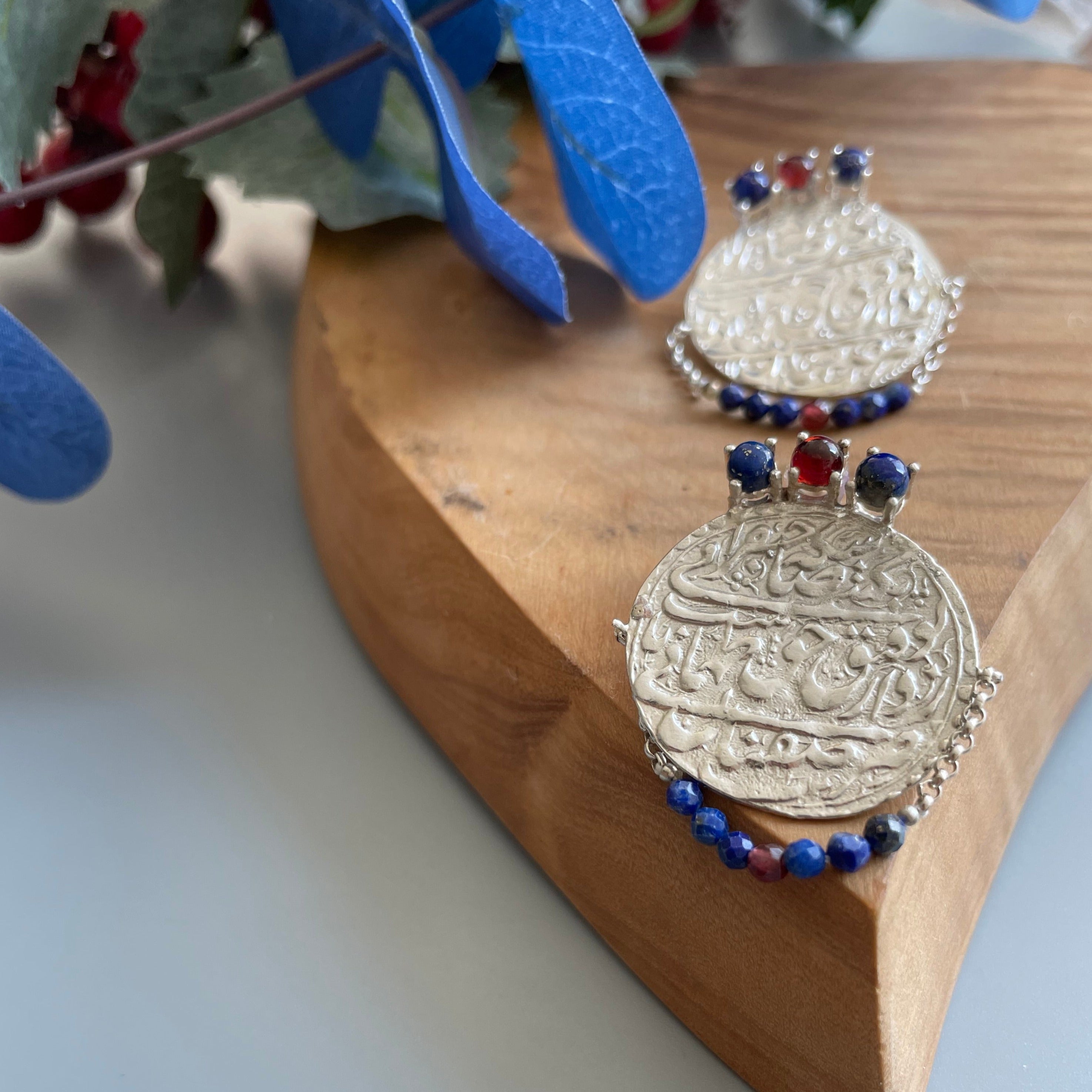 Persian Earrings Handmade Silver Earrings with Blue and Red Gemstone:Persian Jewelry-AFRA ART GALLERY