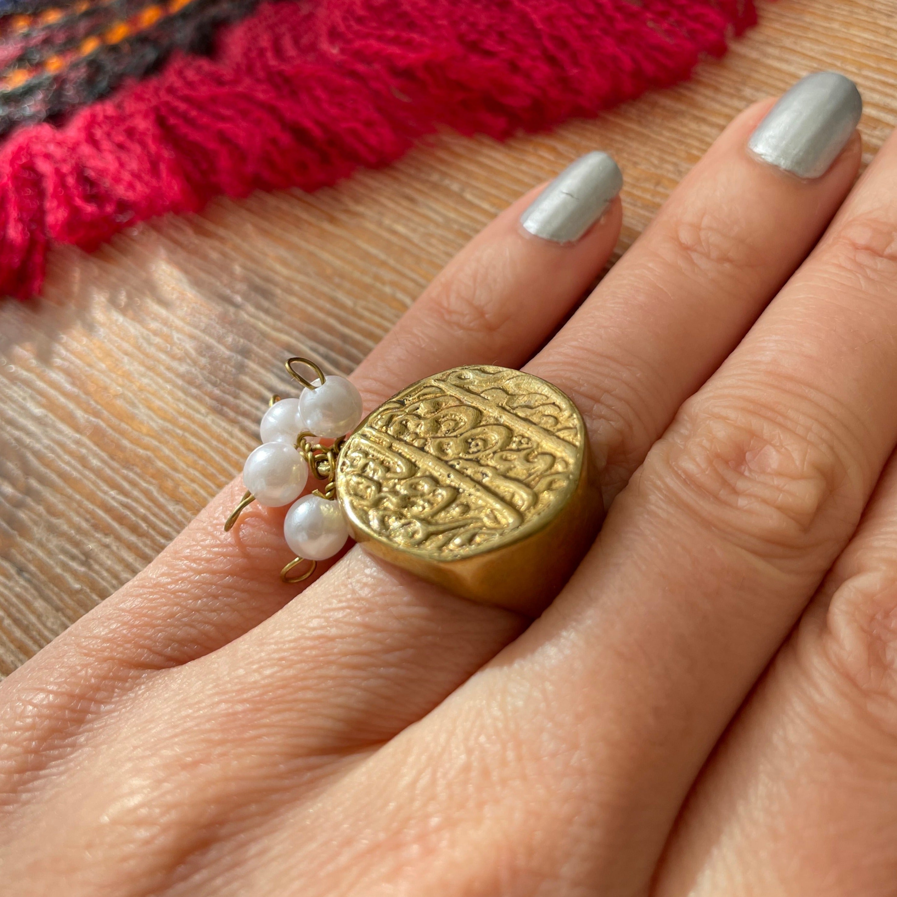 Persian Ring-Coin Signed Ring with Pearls:Persian Jewelry-AFRA ART GALLERY