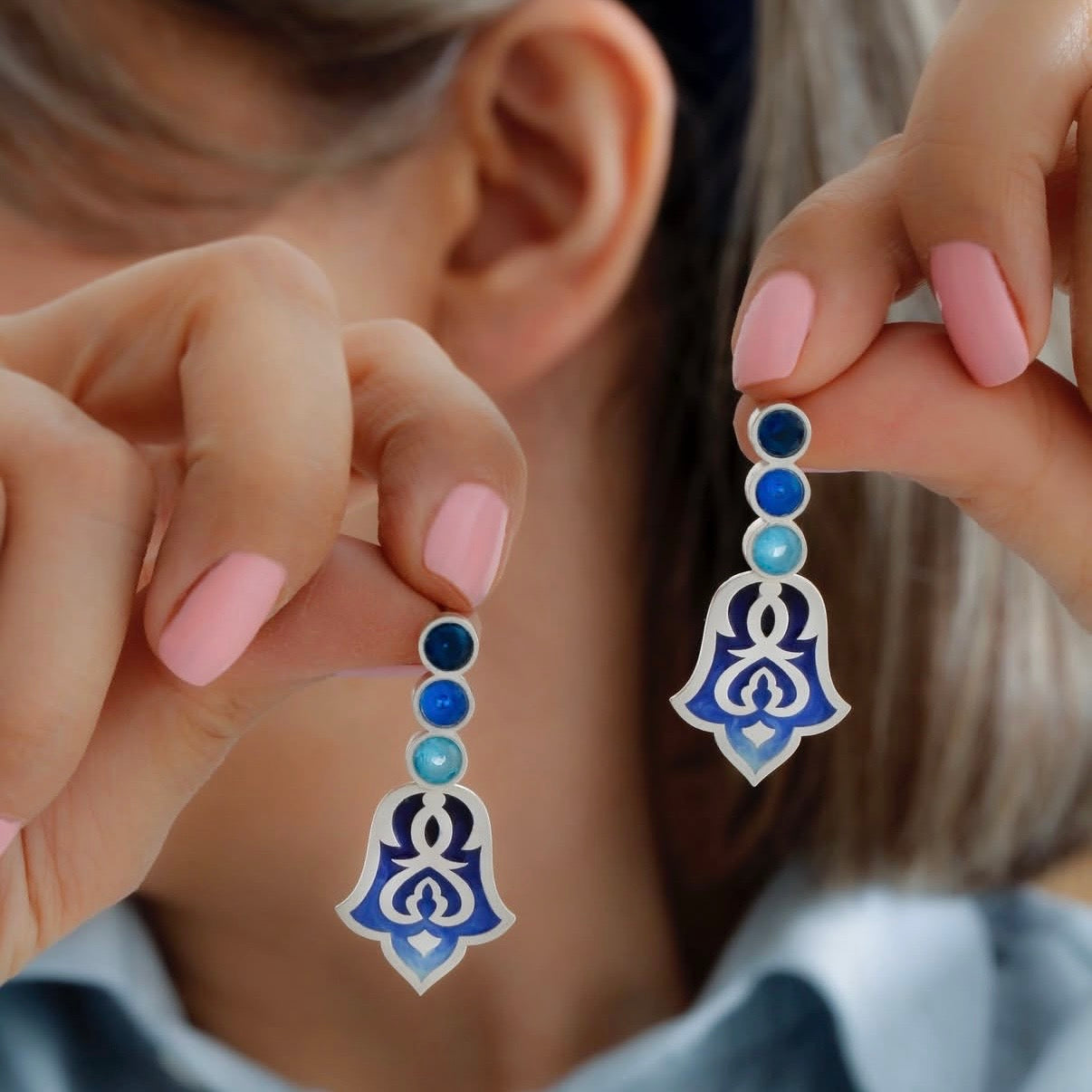 Handmade Persian Earrings with Blue Shade of Enamel and Crystal