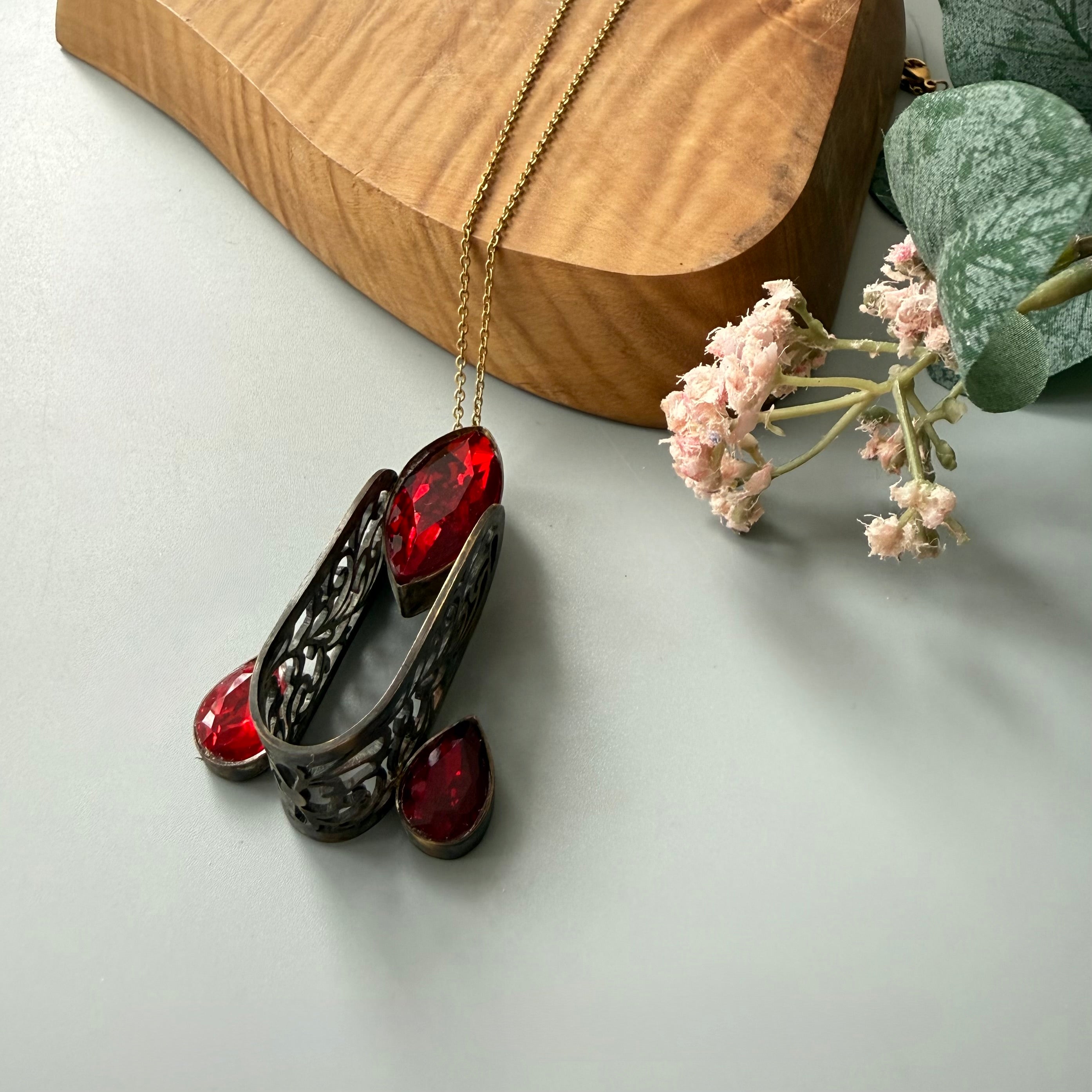 Handmade Brass Necklace with Persian Motifs and Red Crystal