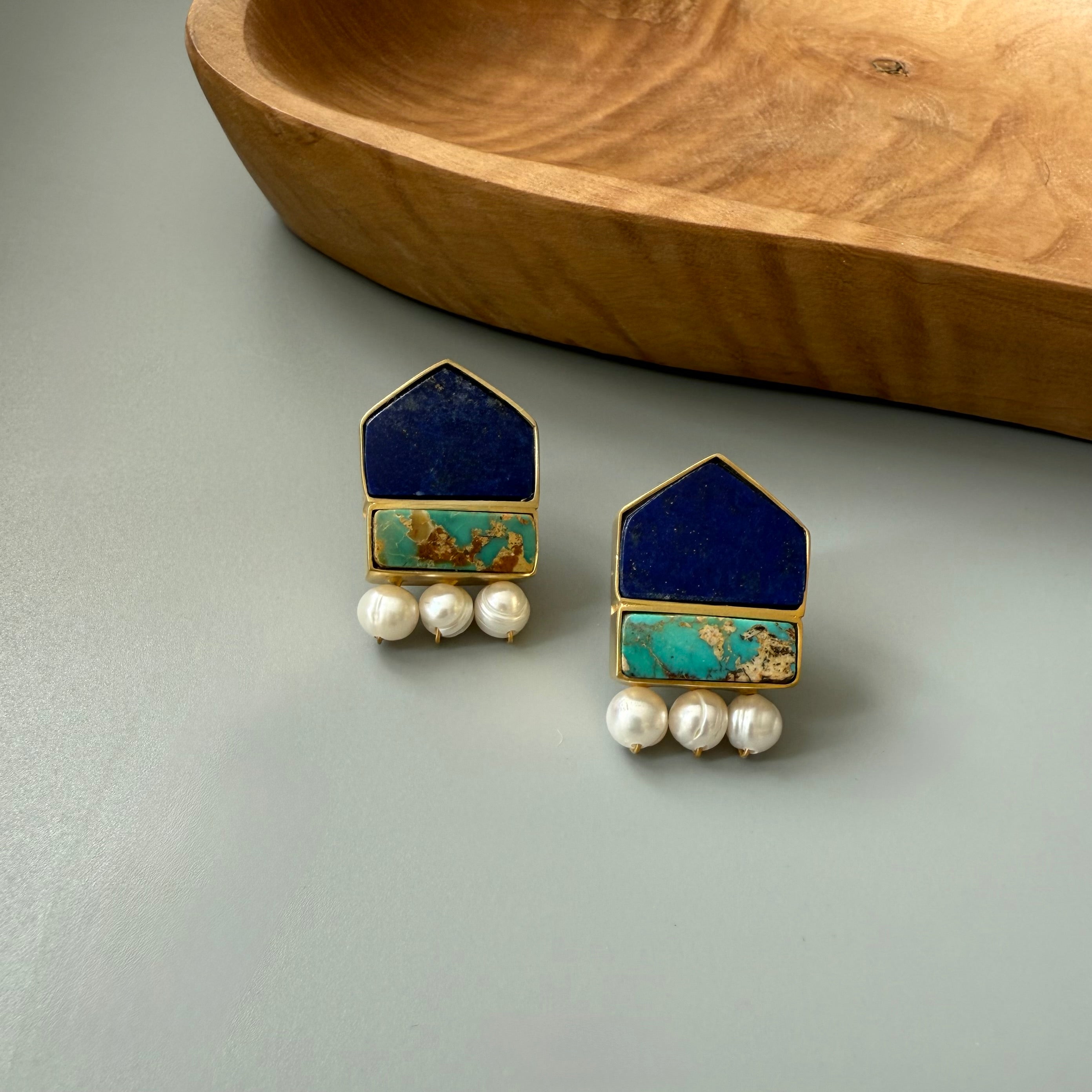 Persian Earrings-Handmade Silver Earrings with Natural Stone and Pearls:Persian Jewelry -AFRA ART GALLERY