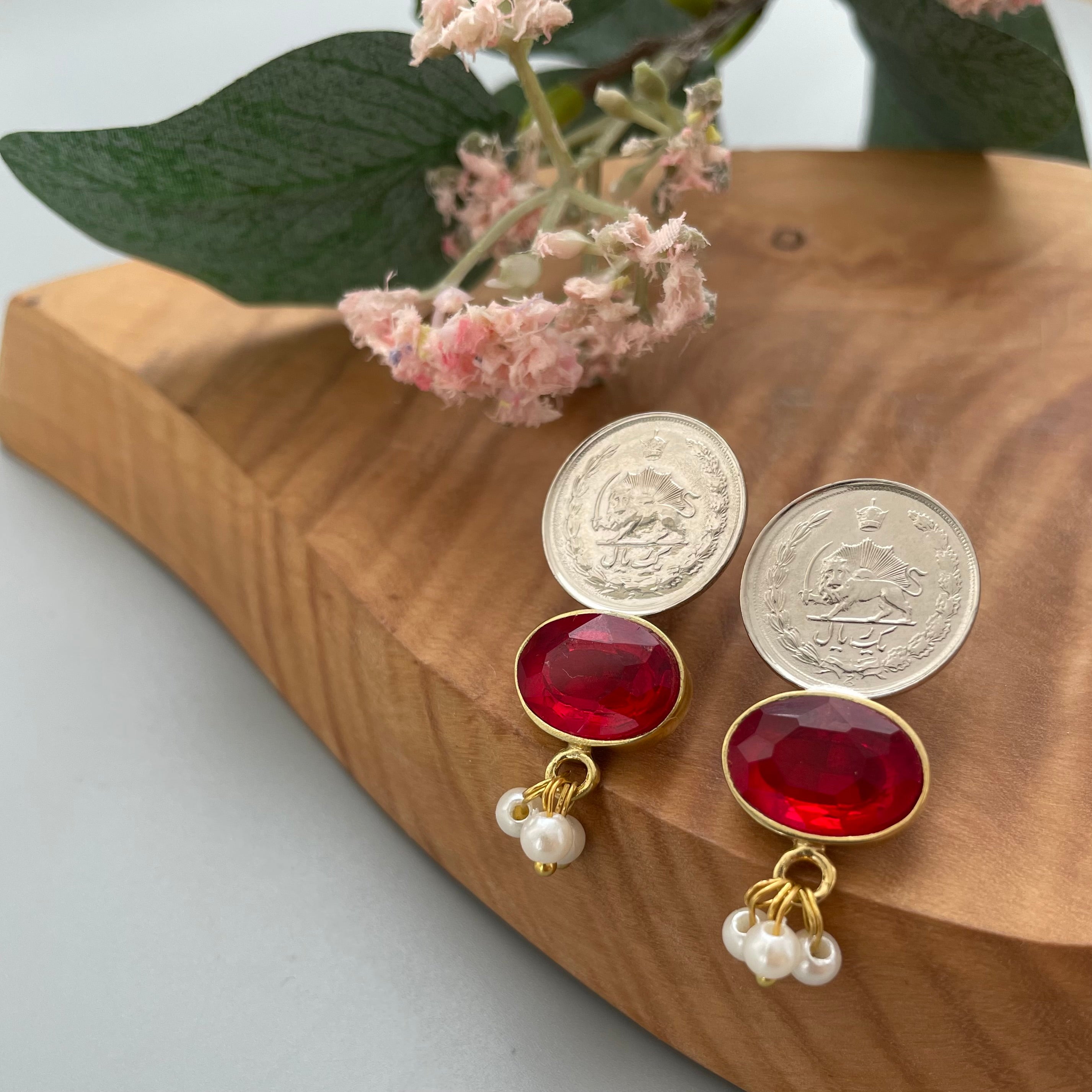 Persian Earrings Pahlavi Coin Earrings and Red Gemstone:Persian Jewelry-AFRA ART GALLERY