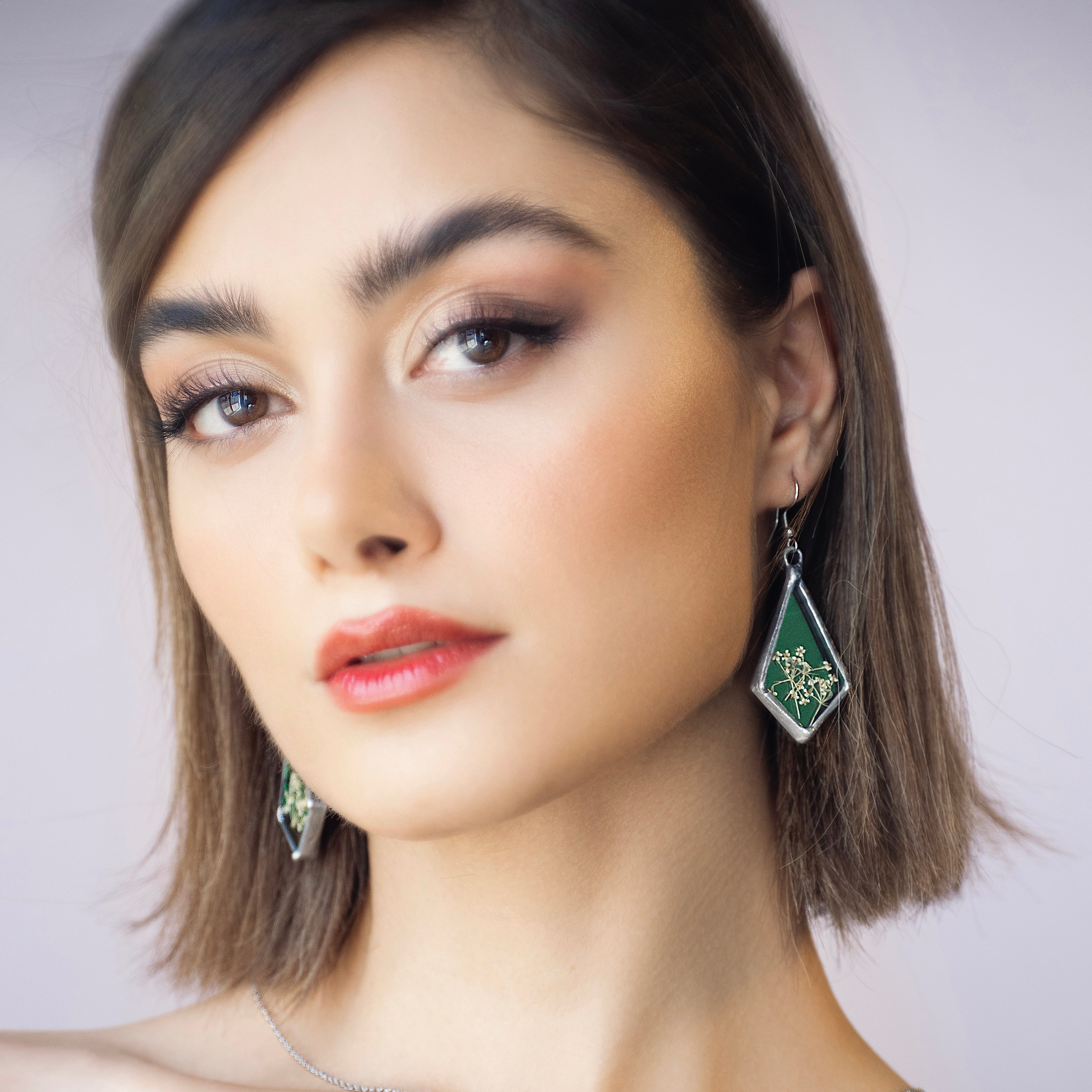 Persian Earrings Stain Green Glass Earrings with Dried Flower:Persian Jewelry-AFRA ART GALLERY