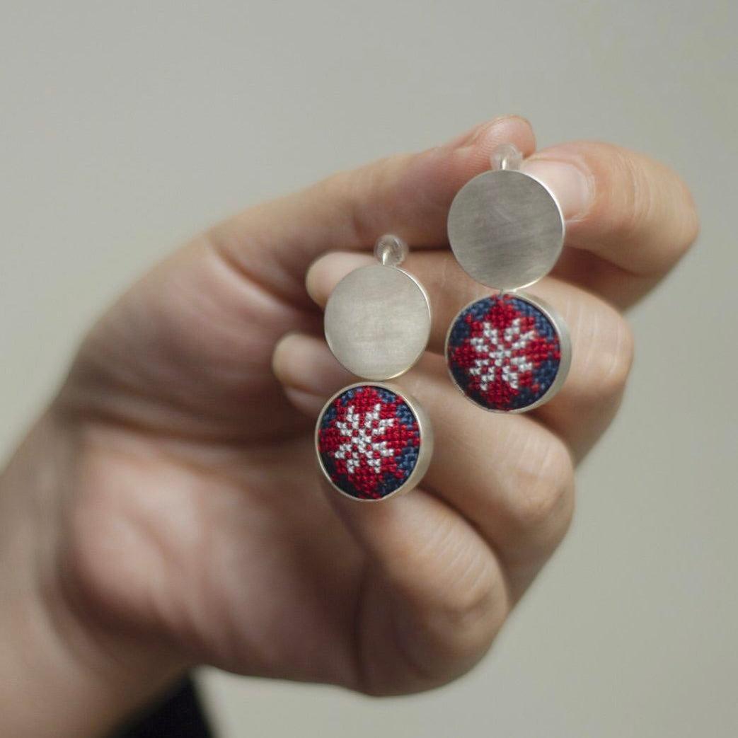 Persian Earrings-Handmade Silver Stud Earrings with Embroidery:Persian Jewelry -AFRA ART GALLERY