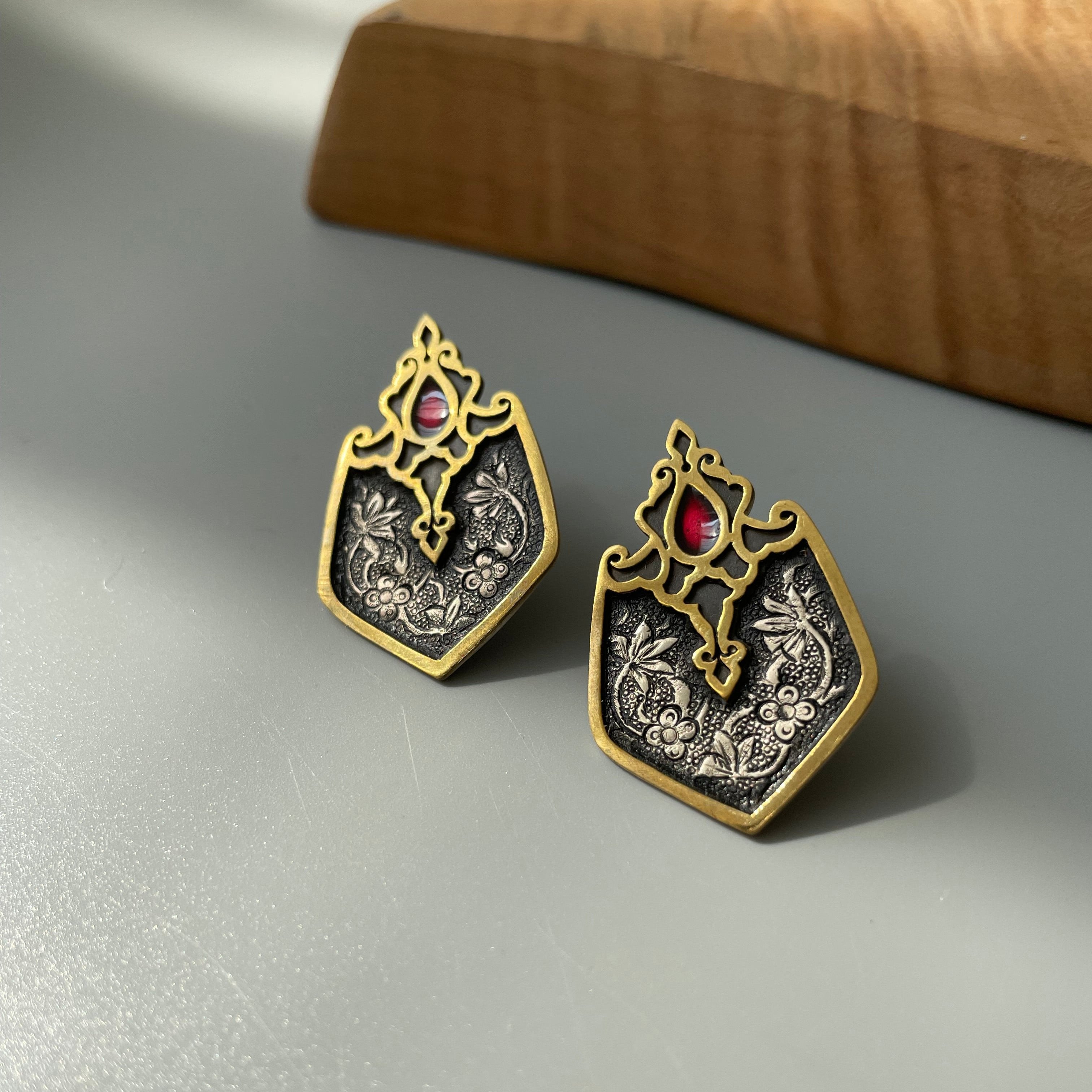 Persian Earrings Handmad Engraved Silver and Wine Red Enamel Dangle Earrings:Persian Jewelry-AFRA ART GALLERY