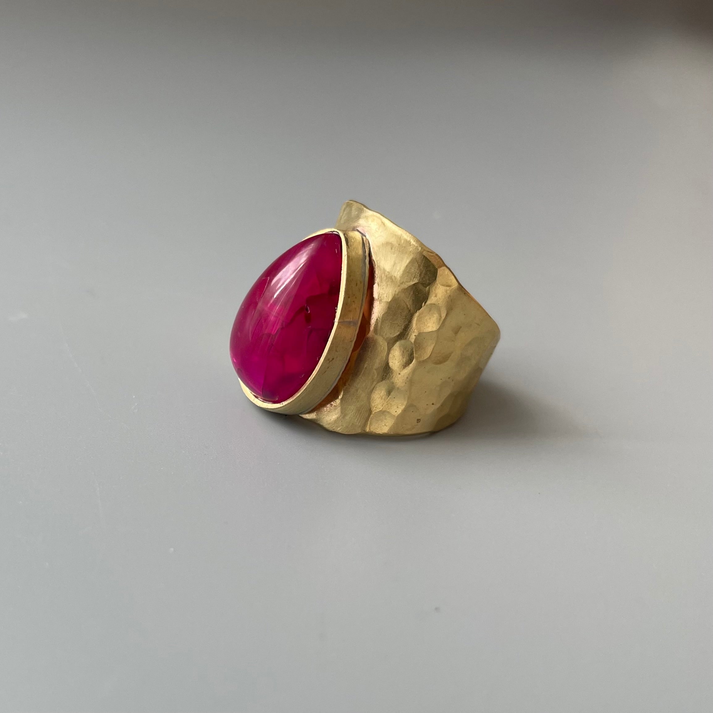 Brass Handmade Ring with Teardrop Shaped Raspberry Colored Gemstone