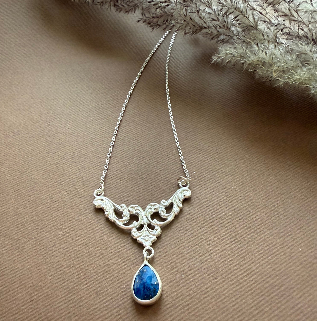 Handmade Silver Necklace With Persian Pattern and Lazuli