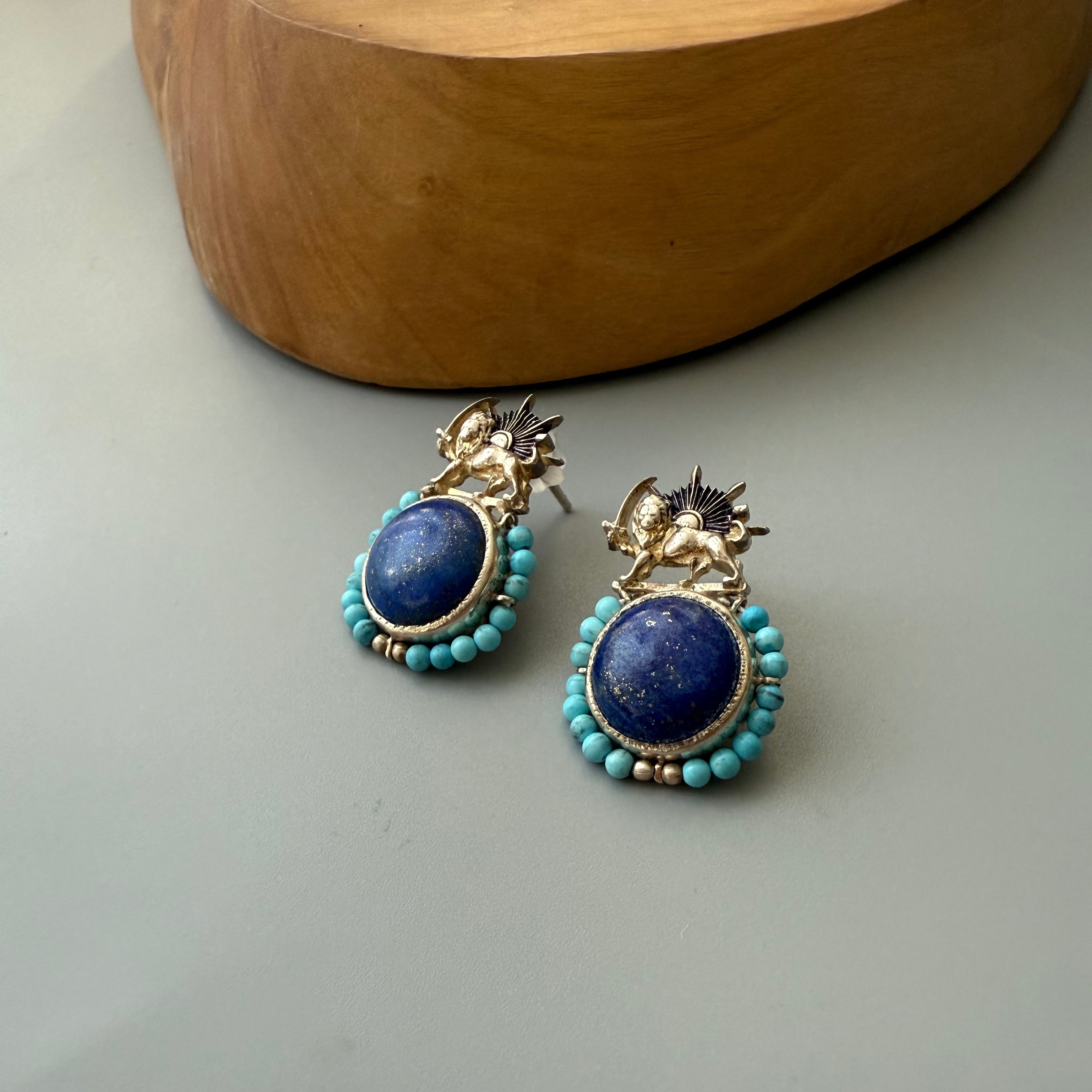 Lion and Sun Silver Earrings with Turquoise and Lazuli