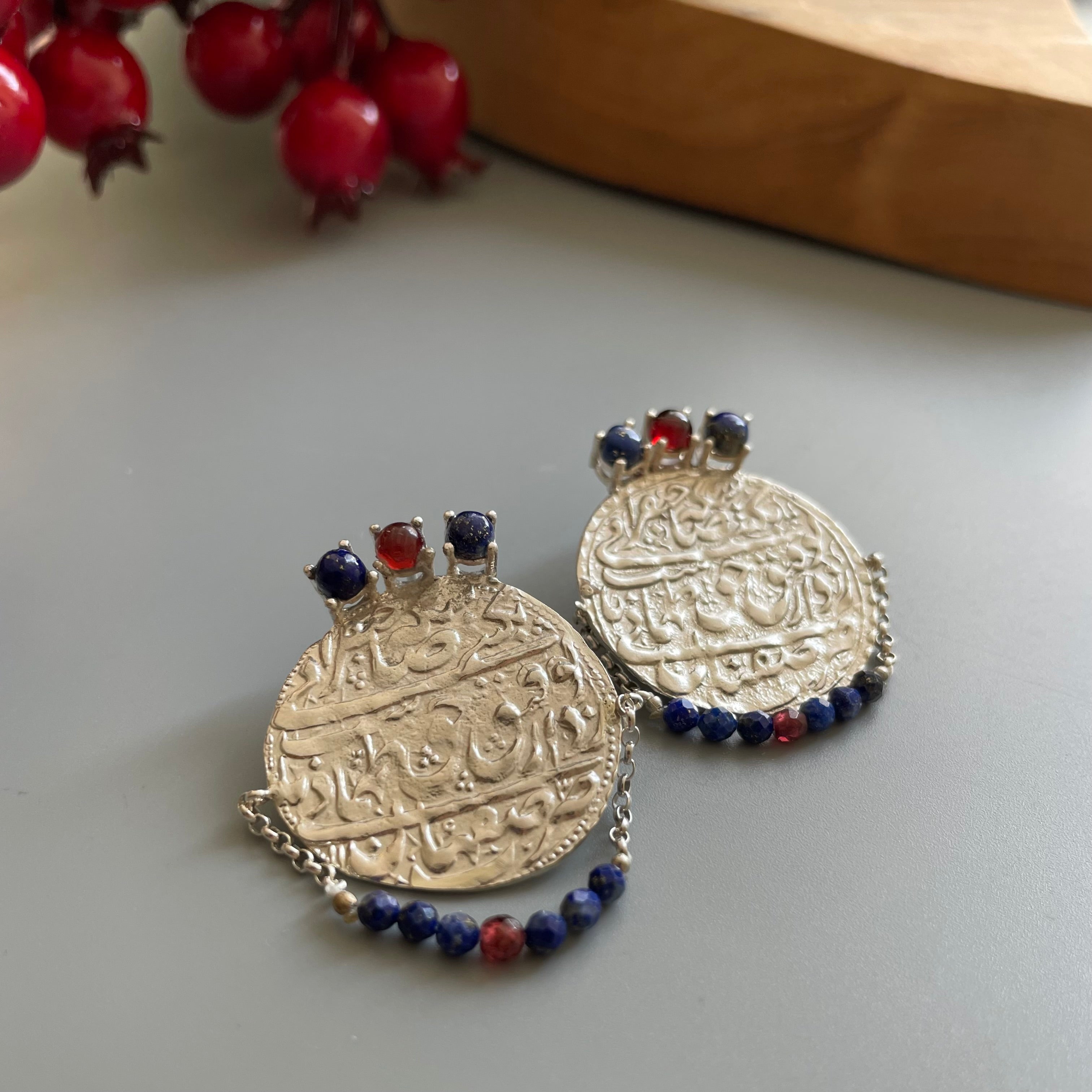 Persian Earrings Handmade Silver Earrings with Blue and Red Gemstone:Persian Jewelry-AFRA ART GALLERY