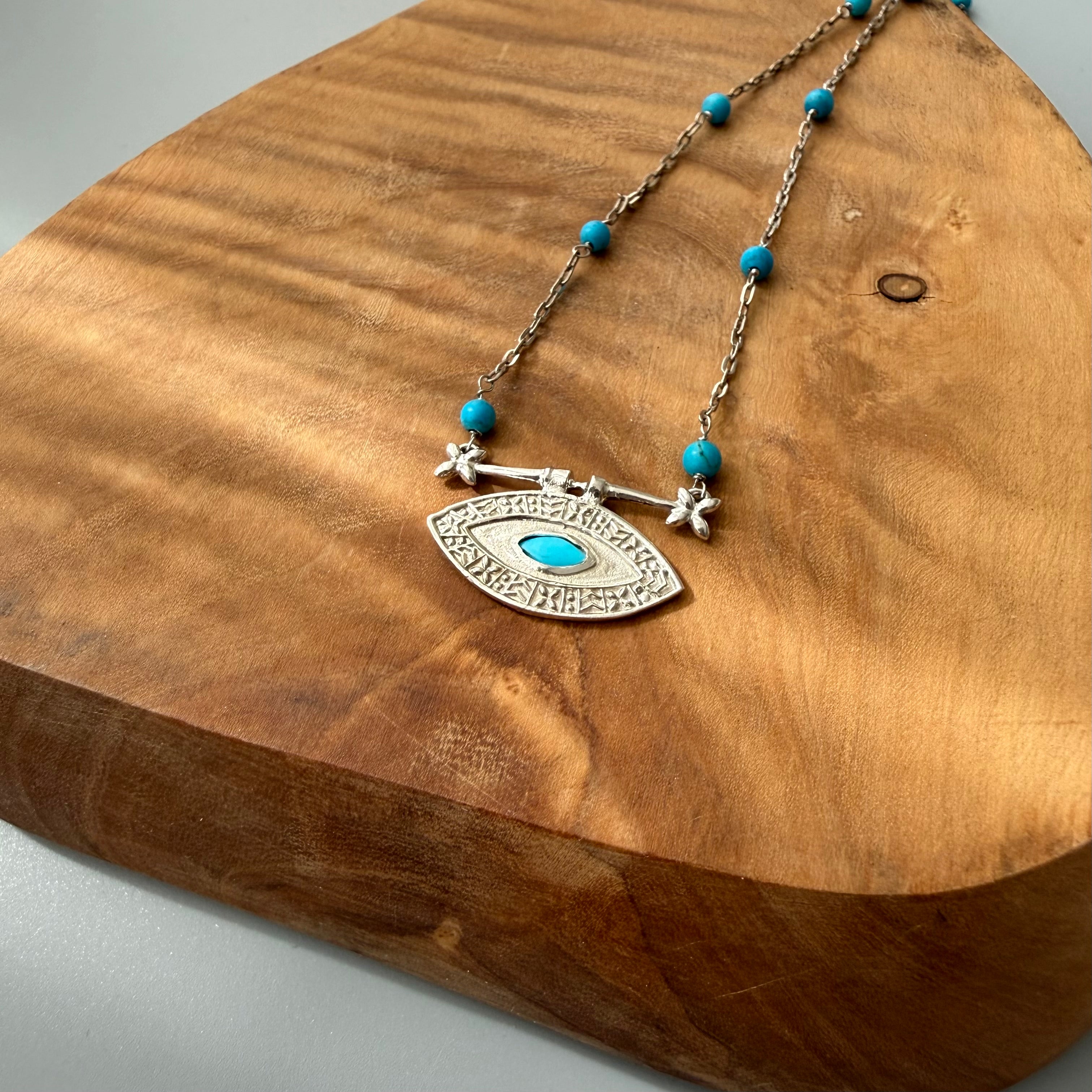 Handmade Silver Necklace with Evil Eye and Turquoise - AFRA ART GALLERY