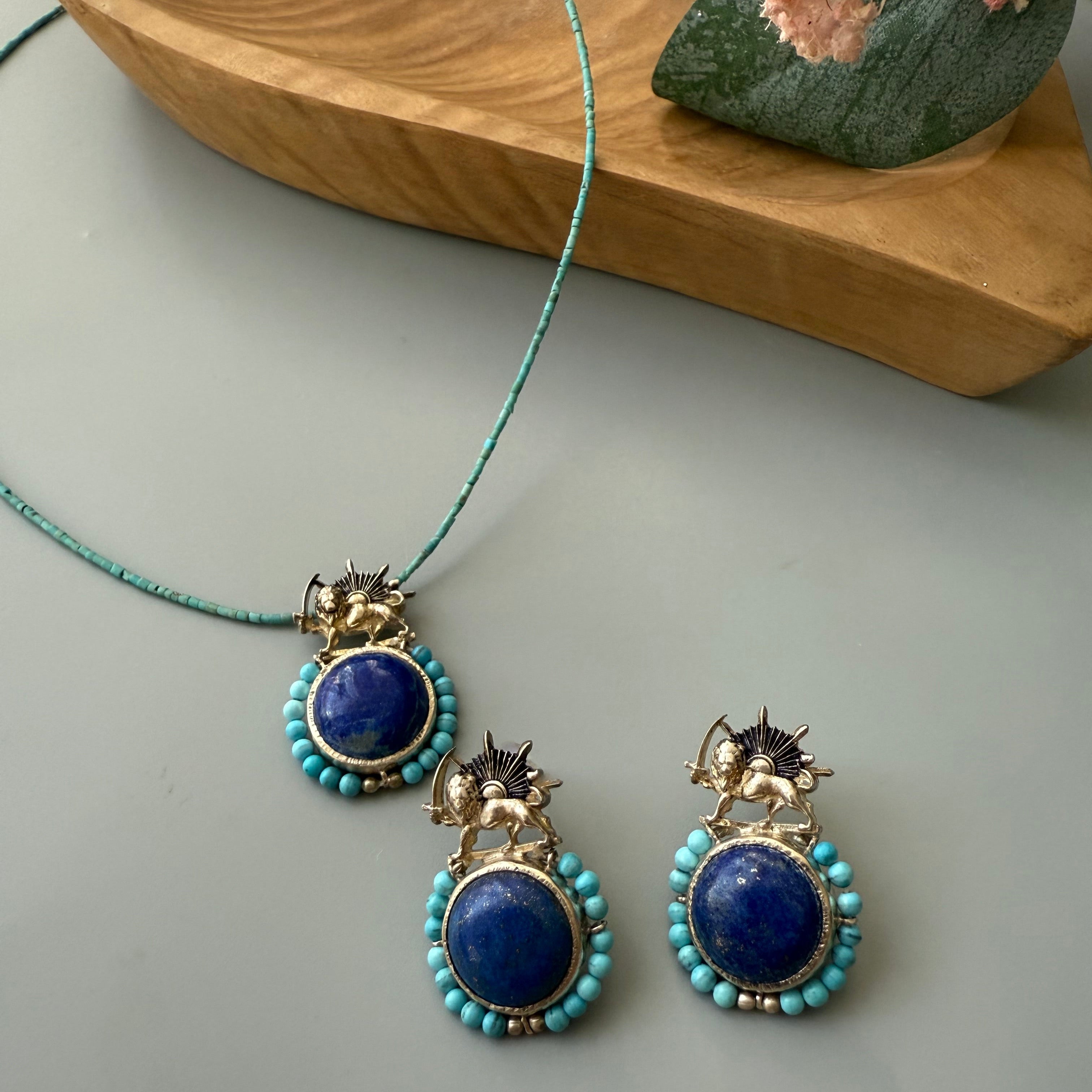 Lion and Sun Silver Necklace with Turquoise and Lazuli