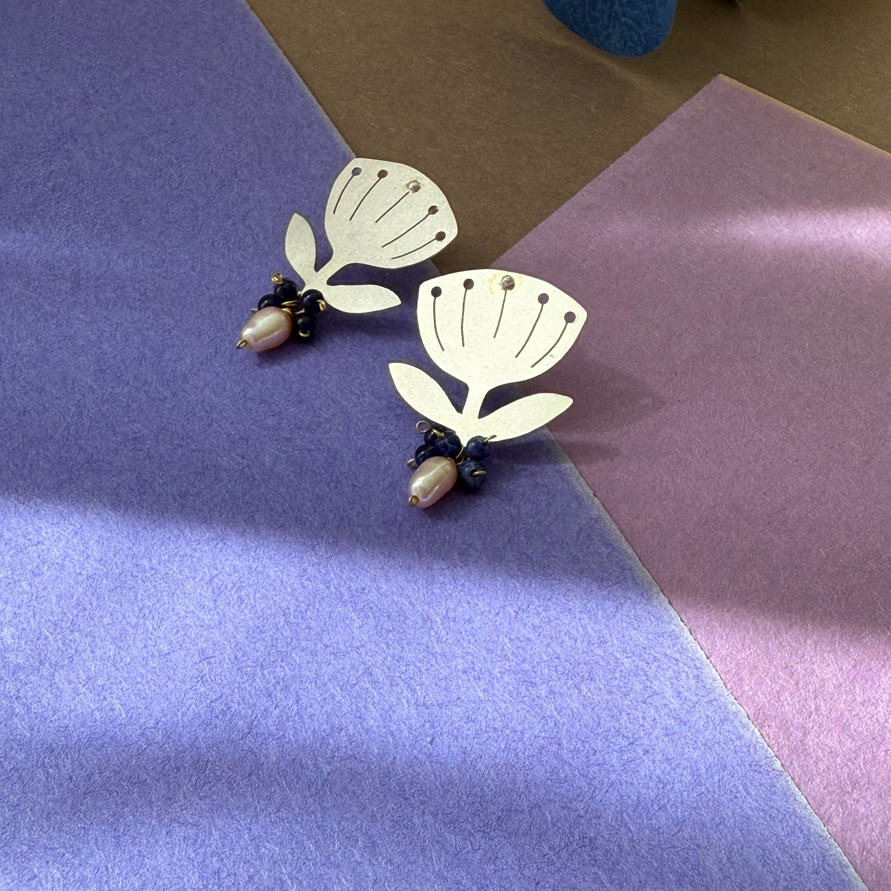 Persian Earrings-Silver Flower Shaped Earrings with Beads:Persian Jewelry -AFRA ART GALLERY