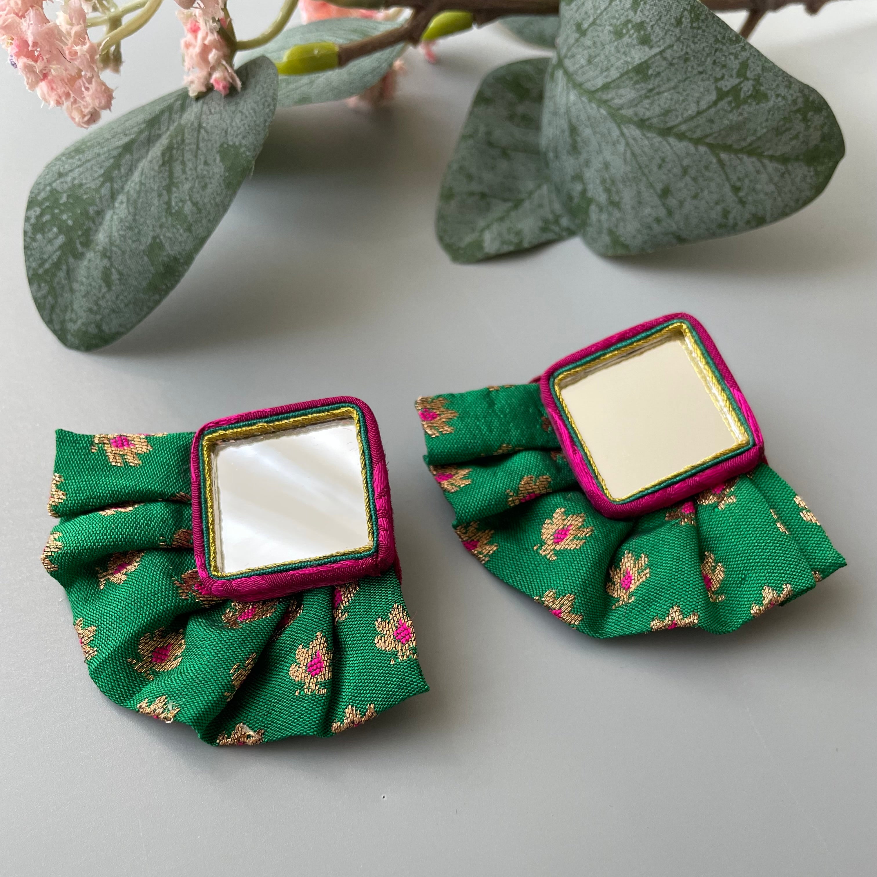 Persian Earrings Mirror Mosaic Earrings with Colorful Fabric:Persian Jewelry-AFRA ART GALLERY
