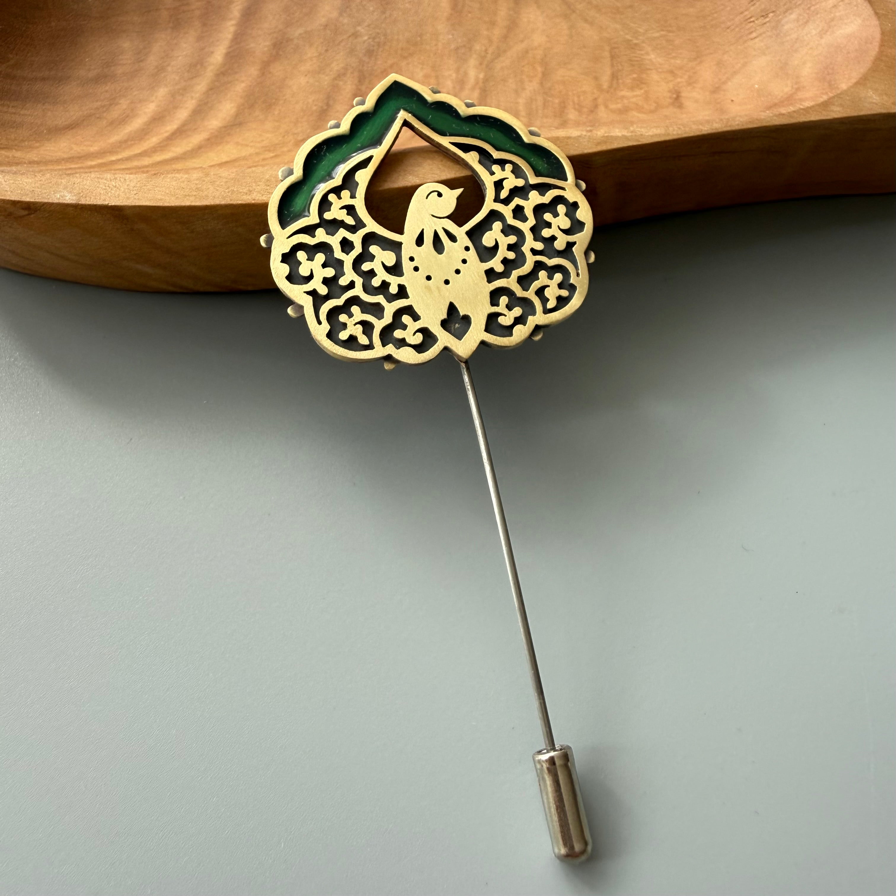 Handmad Engraved Brooch with Enamel in Green - AFRA ART GALLERY