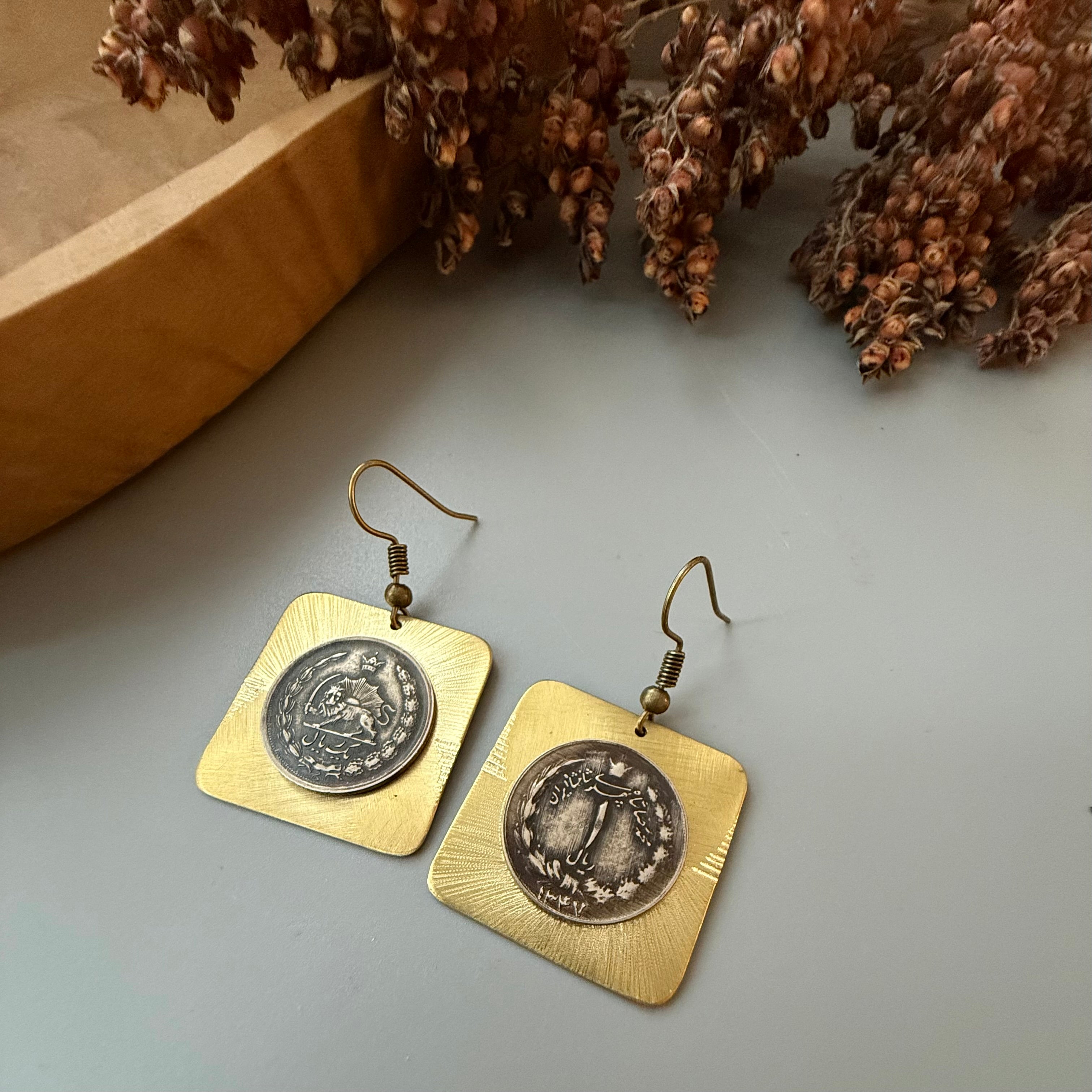 Handmade Brass Dangle Earrings with Pahlavi Coin - AFRA ART GALLERY