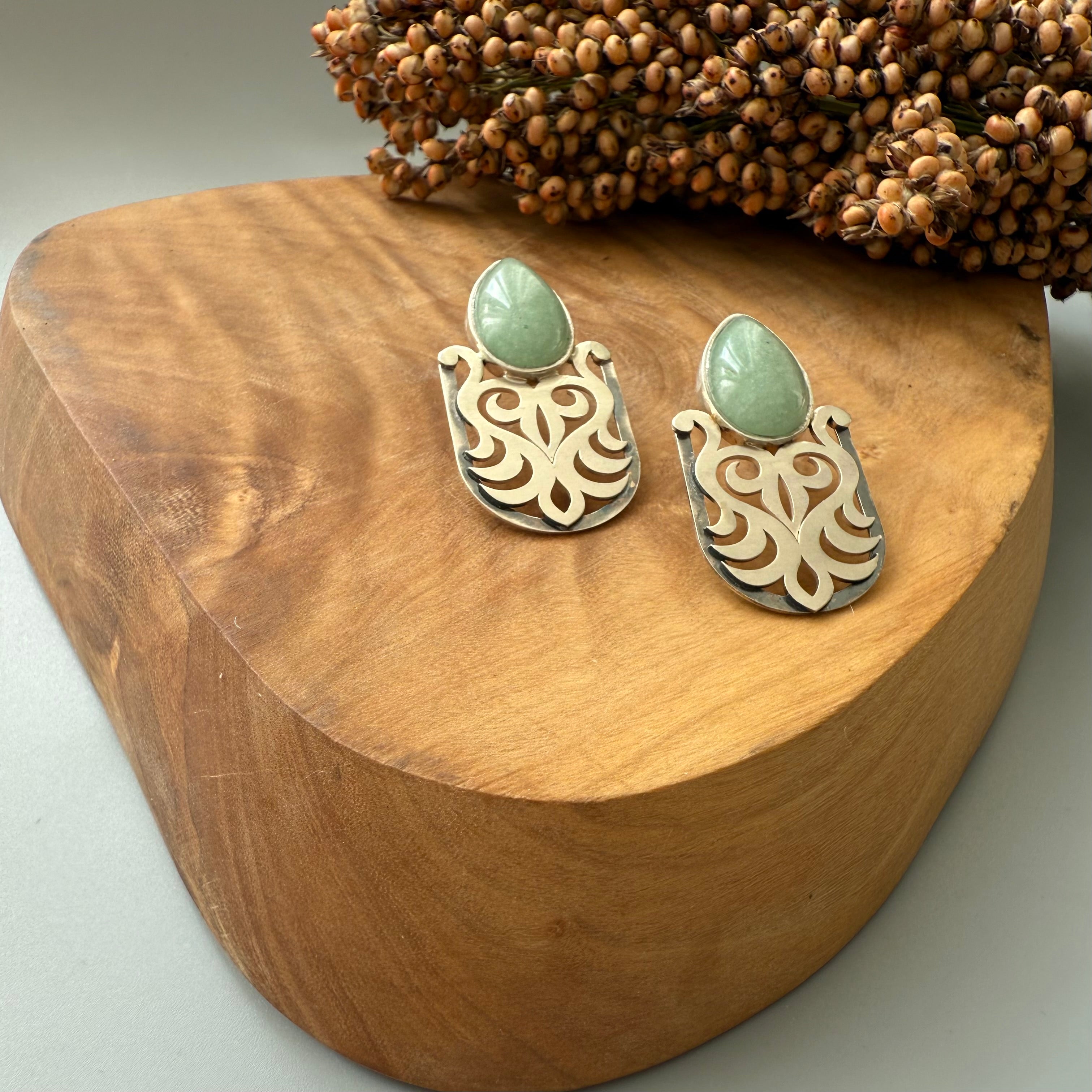 Handmade Persian Silver Earrings with Green Gemstone