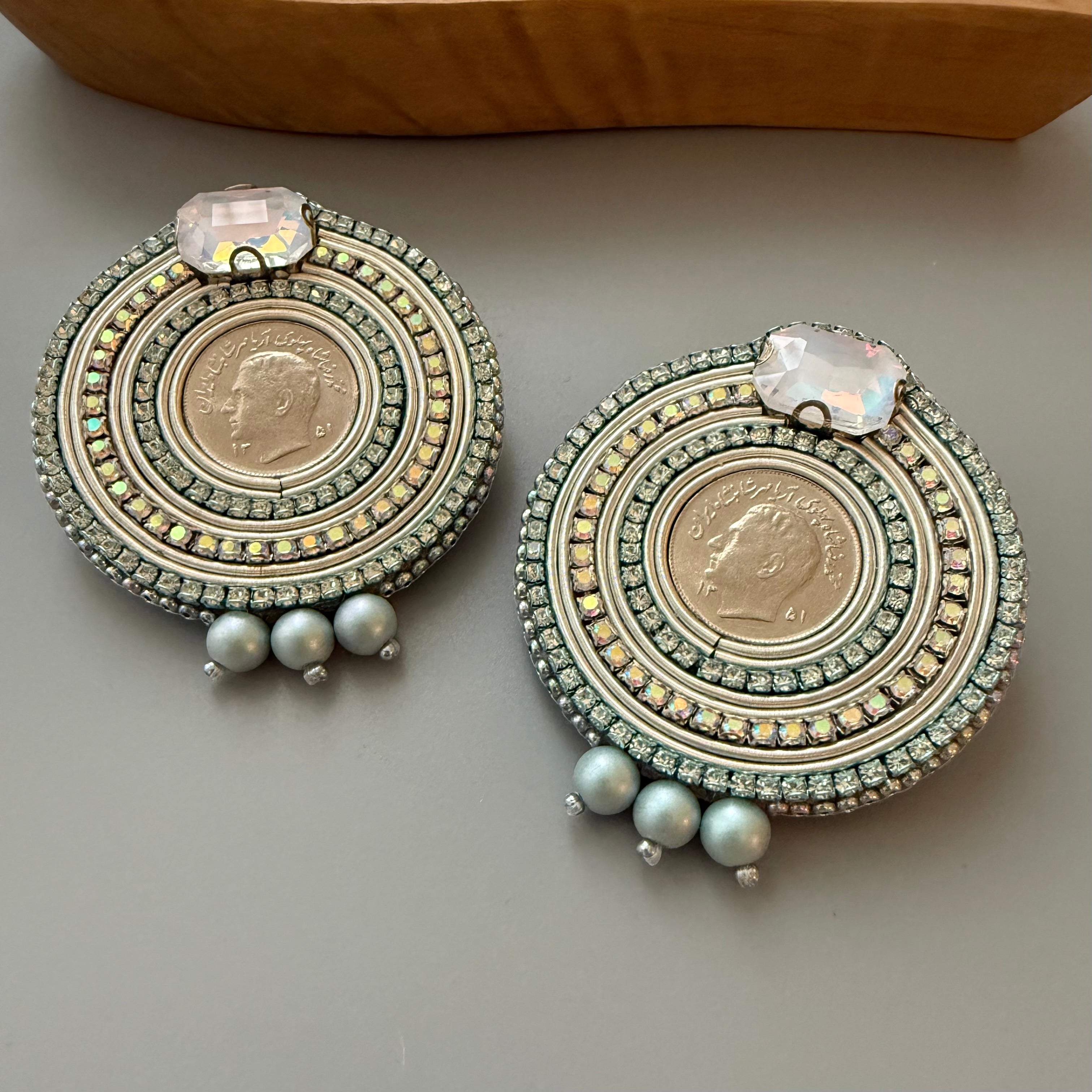 Beaded Embroidery Earrings in with Pahlavi Coin - AFRA ART GALLERY