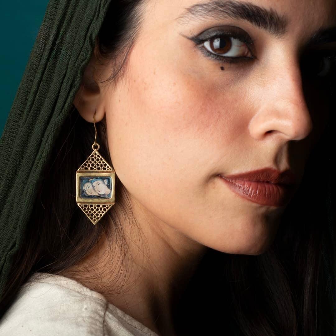 Persian Earrings-Persian Dangle Mirror Earrings with Printing:Persian Jewelry -AFRA ART GALLERY