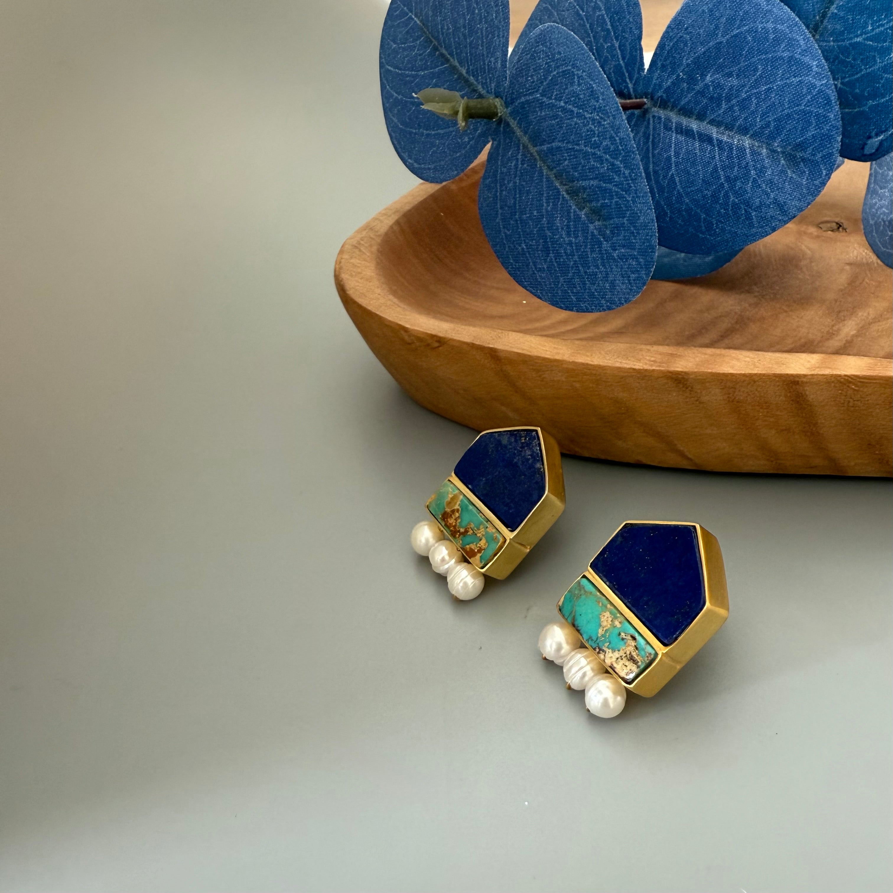 Persian Earrings-Handmade Silver Earrings with Natural Stone and Pearls:Persian Jewelry -AFRA ART GALLERY