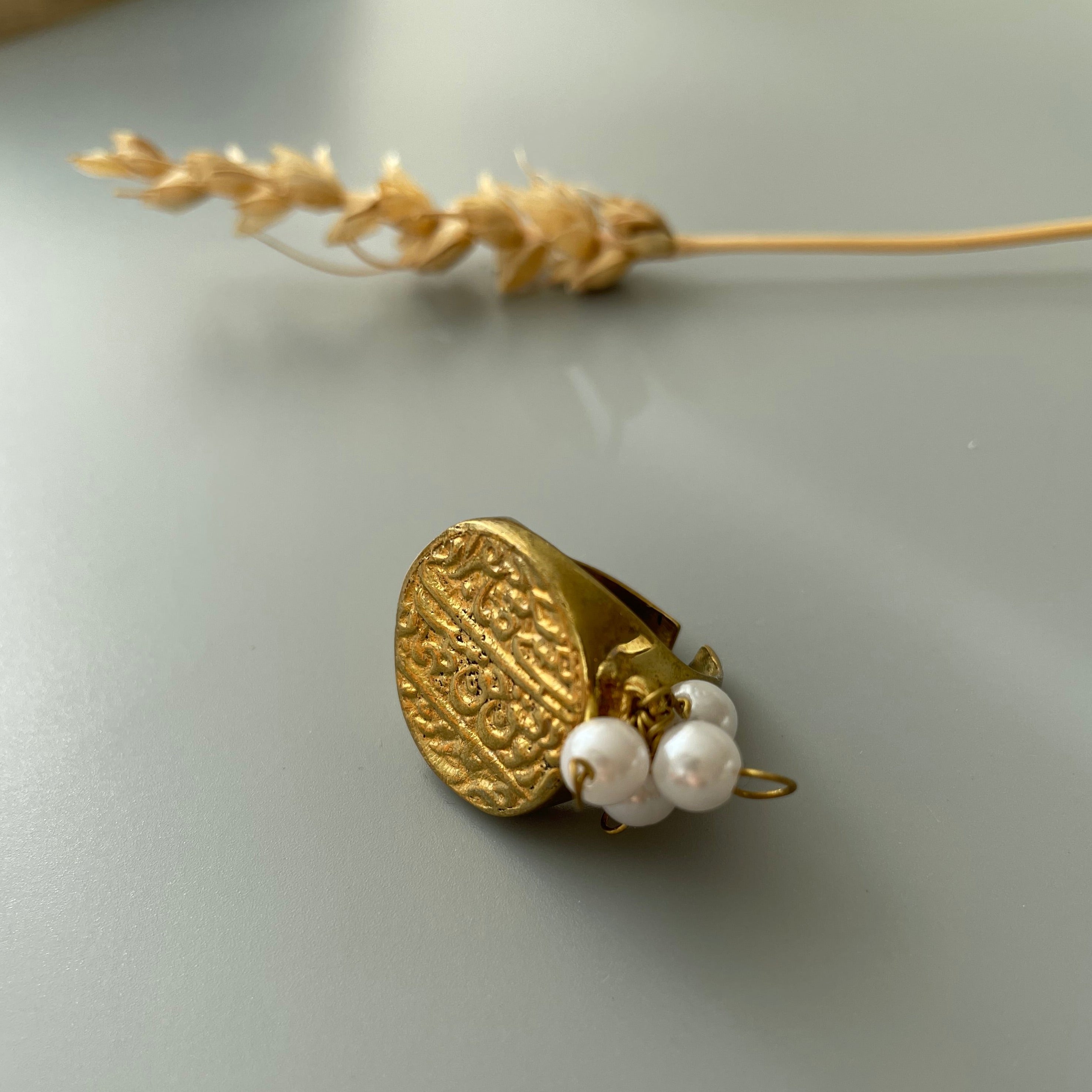 Persian Ring-Coin Signed Ring with Pearls:Persian Jewelry-AFRA ART GALLERY