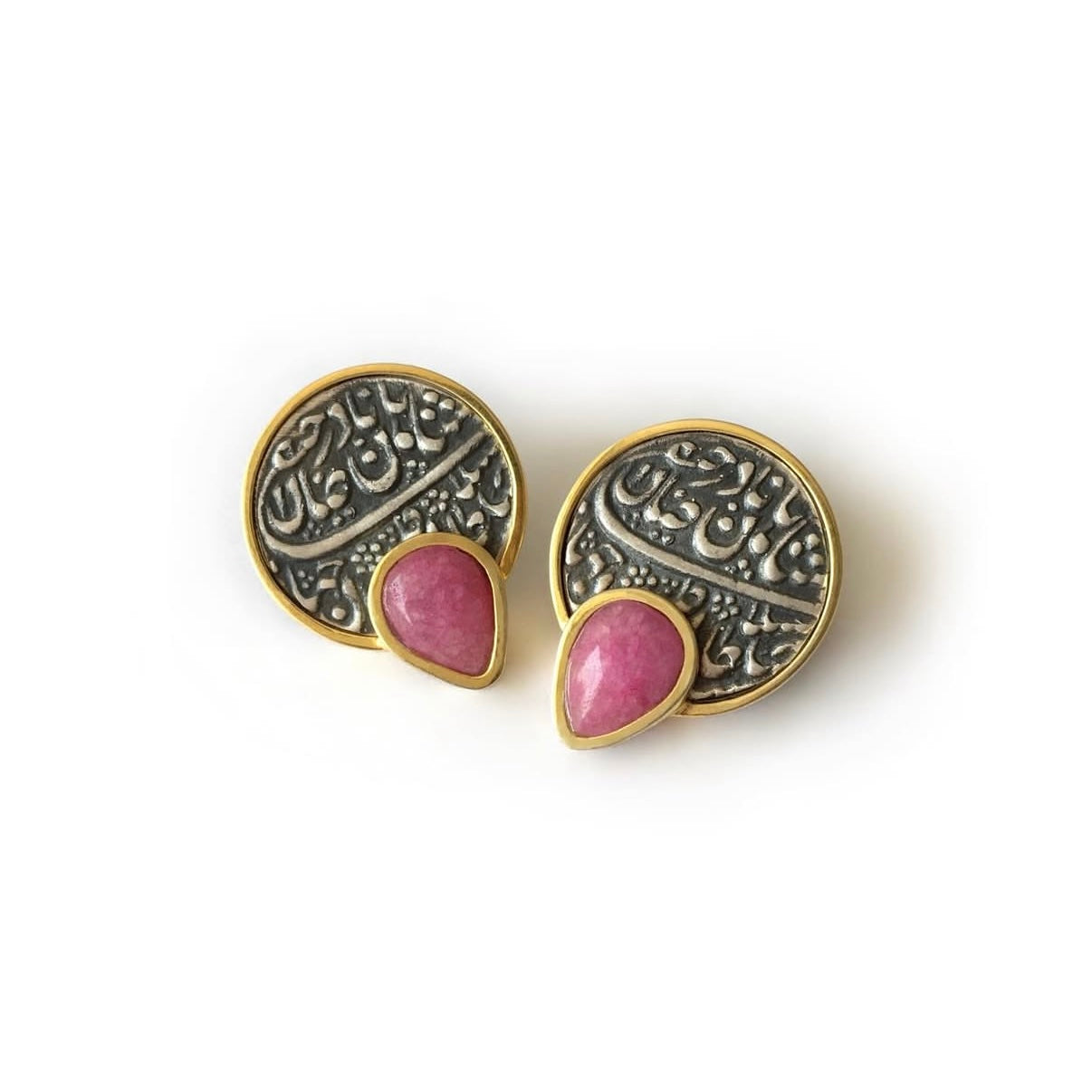 Handmade Gold Plated Silver Earrings with Safavid coin and Red Gemstone
