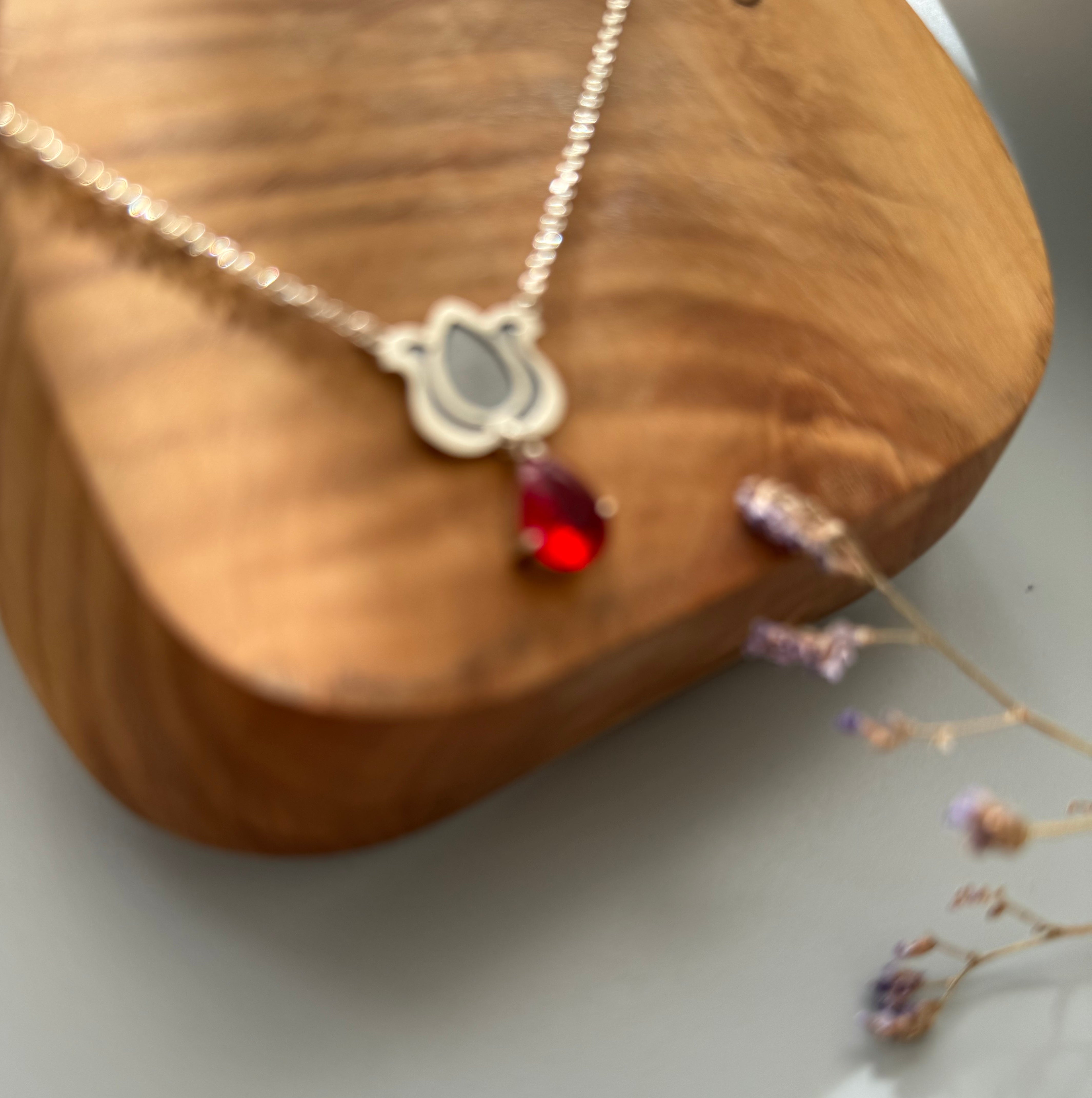 Handmade Silver Necklace with Persian Shiny Red crystal - AFRA ART GALLERY