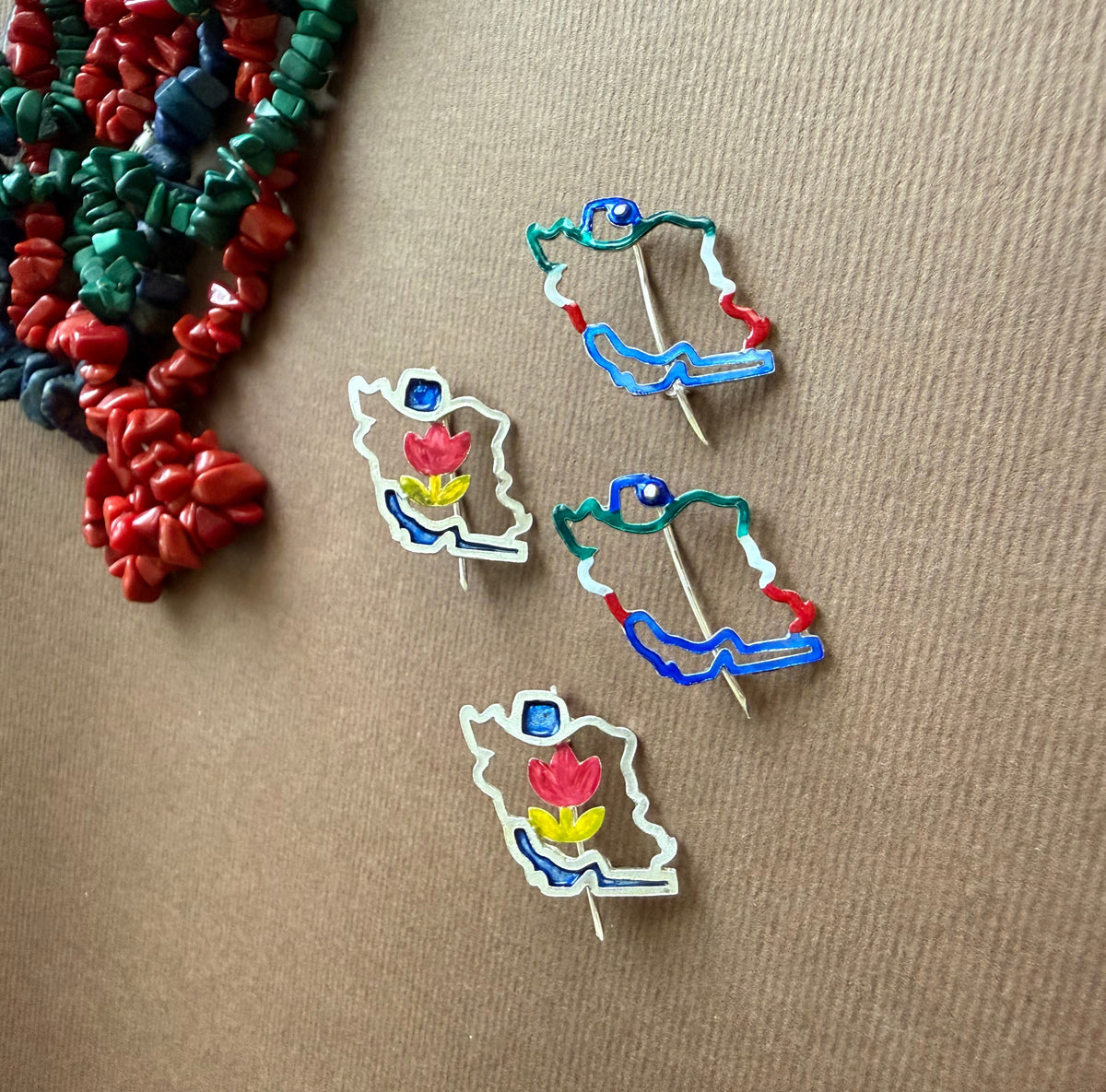 Iran Map & Tulips Silver Brooch - AFRA ART GALLERY