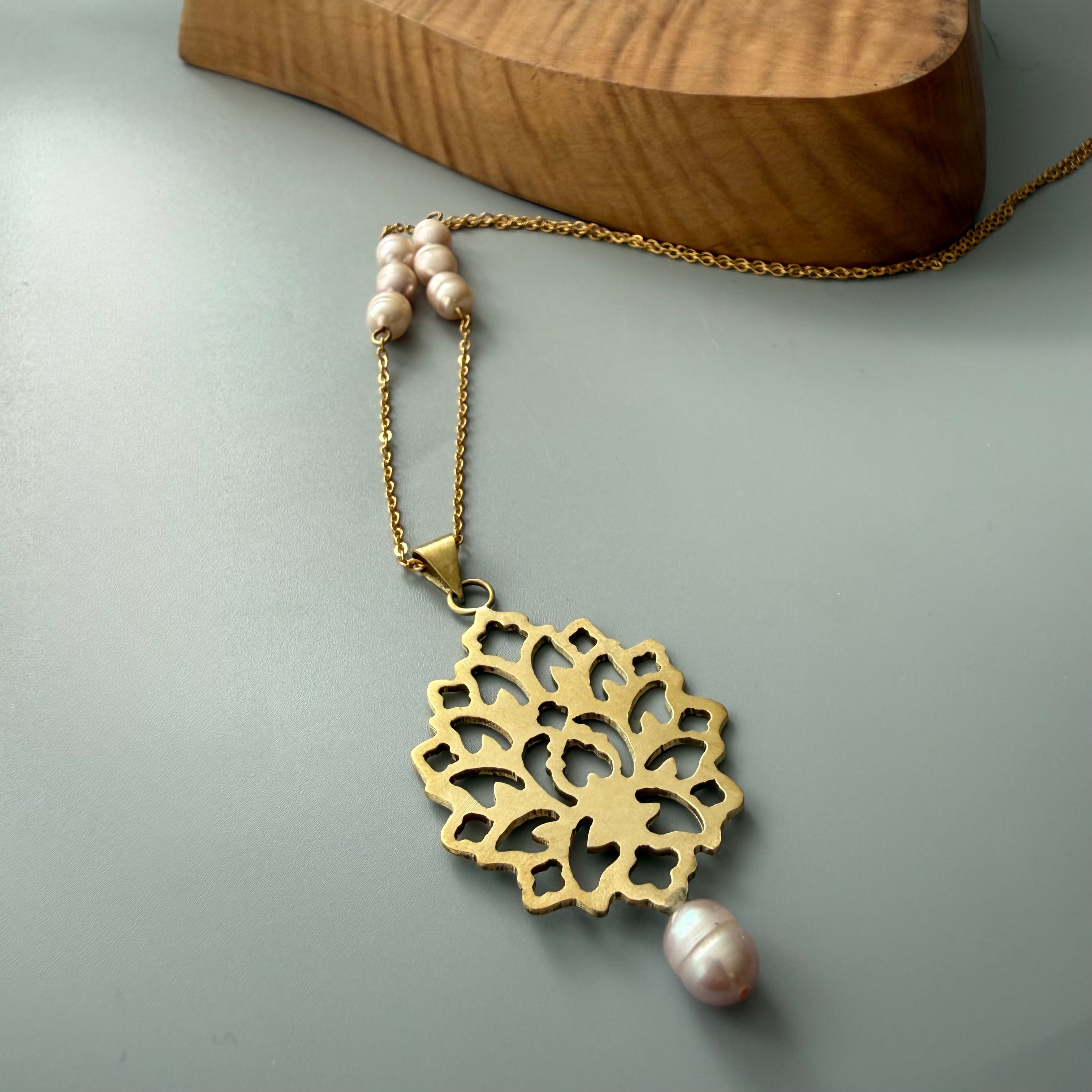 Handmade Brass Necklace Persian Rug Motif and Pearls
