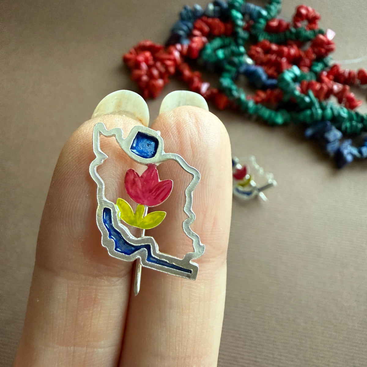 Iran Map & Tulips Silver Brooch - AFRA ART GALLERY