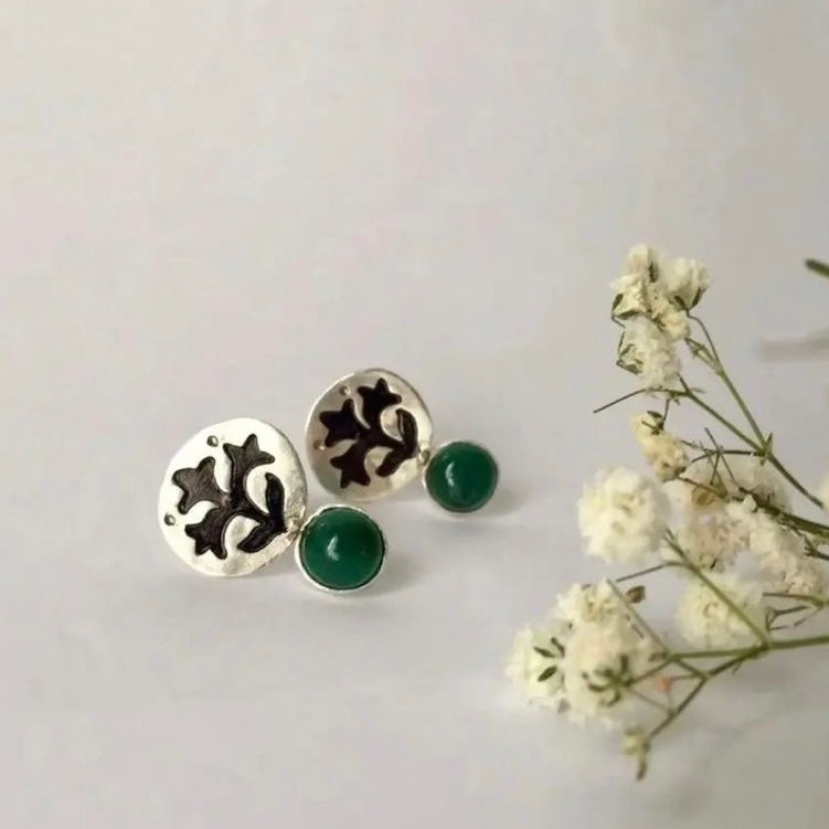 Persian Earrings Handmade Persian Stud Earrings with Green Agate:Persian Jewelry-AFRA ART GALLERY