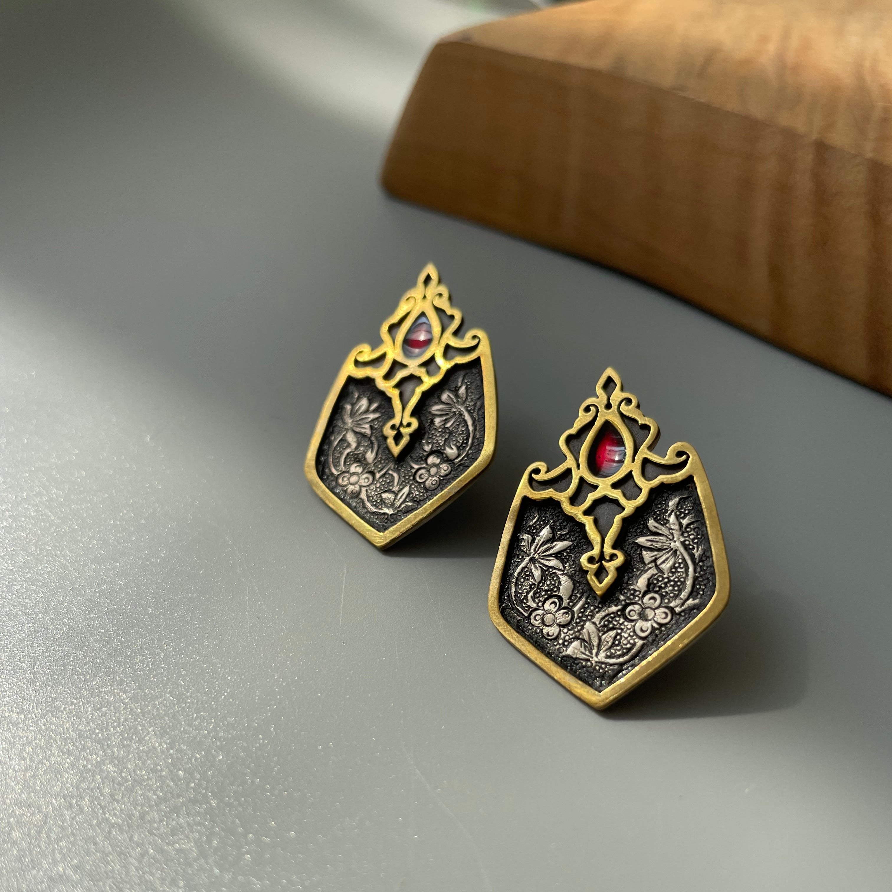 Persian Earrings Handmad Engraved Silver and Wine Red Enamel Dangle Earrings:Persian Jewelry-AFRA ART GALLERY