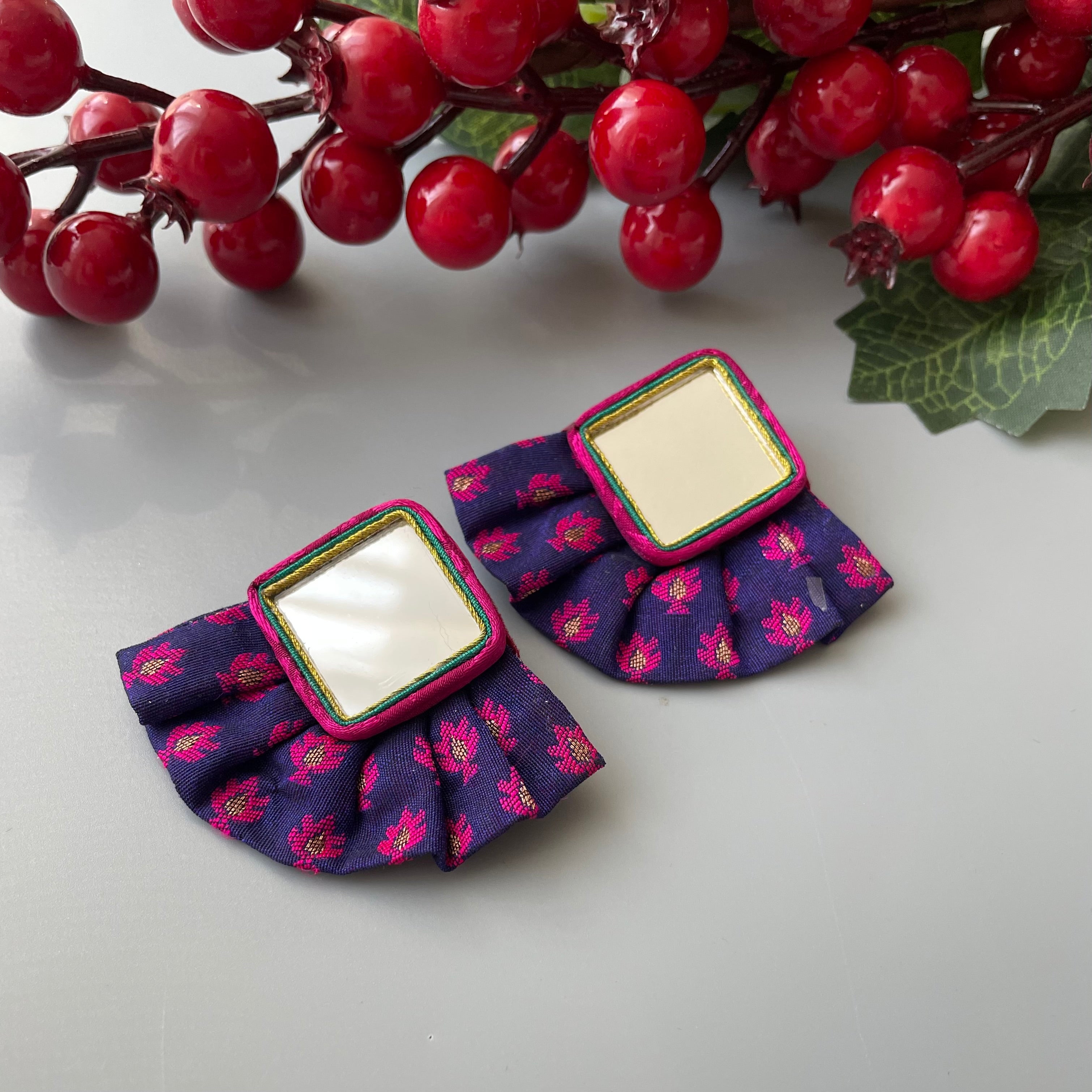 Persian Earrings Mirror Mosaic Earrings with Colorful Fabric:Persian Jewelry-AFRA ART GALLERY