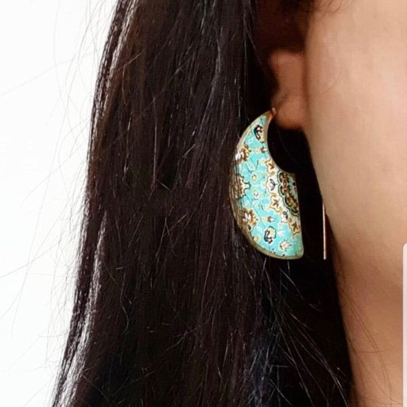 Persian earrings-Brass Persian Earringstt with Kashi Kari Pattern:Persian jewelry-Afra art gallery