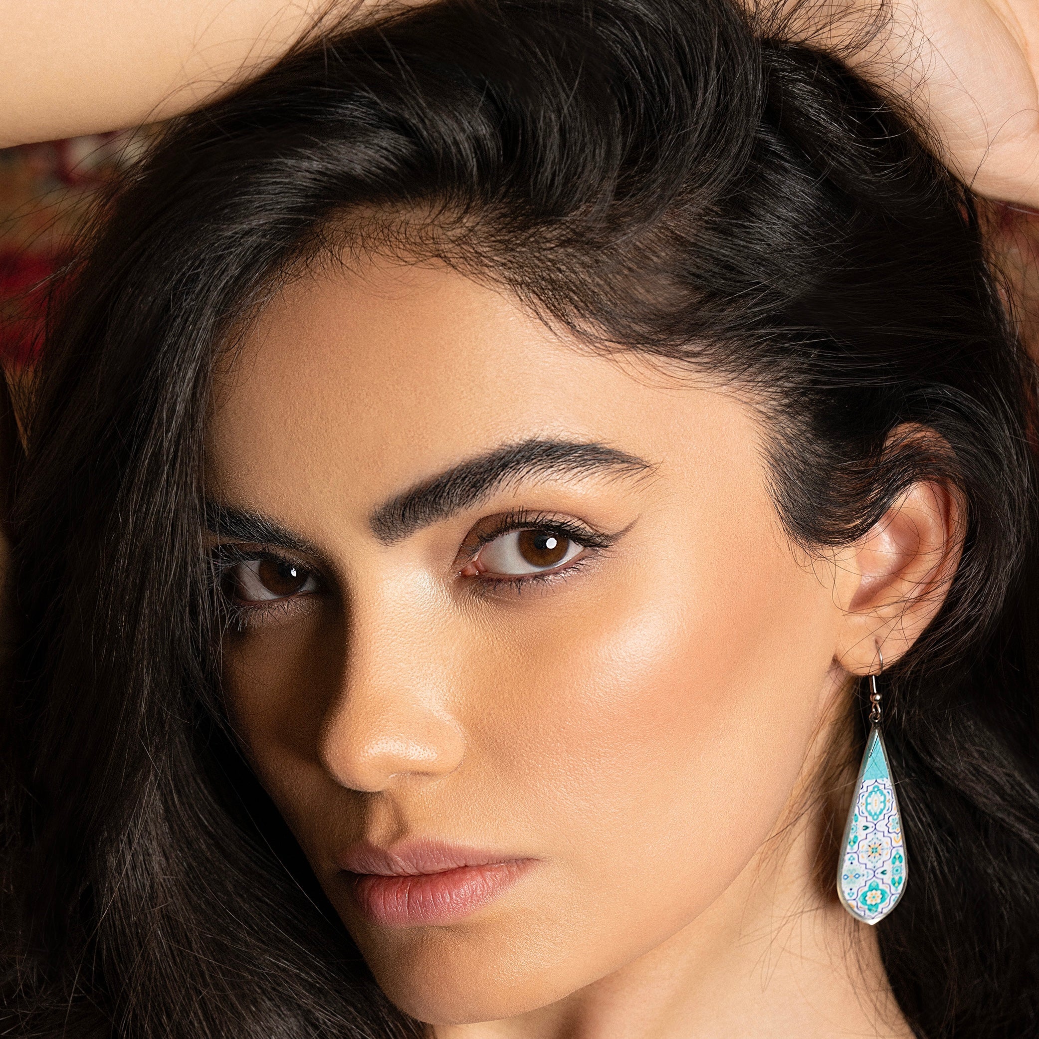 Persian Earrings-Brass Persian Earrings with Kashi Pattern in Blue:Persian Jewelry-AFRA ART GALLERY