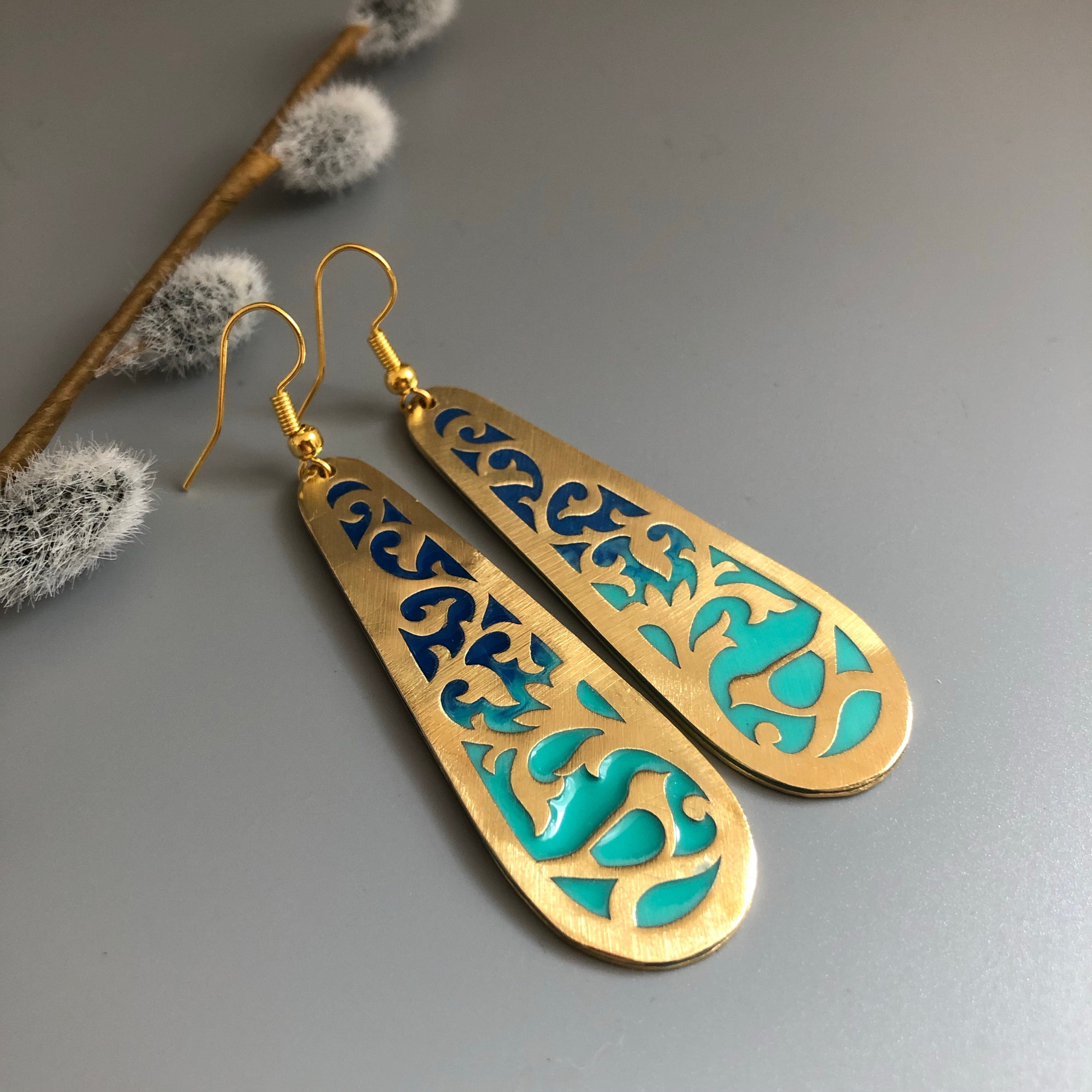 Persian Earrings-Dangle Earrings in Persian Blue with flower and Bird Motifs:Persian Jewelry-Afra Art Gallery