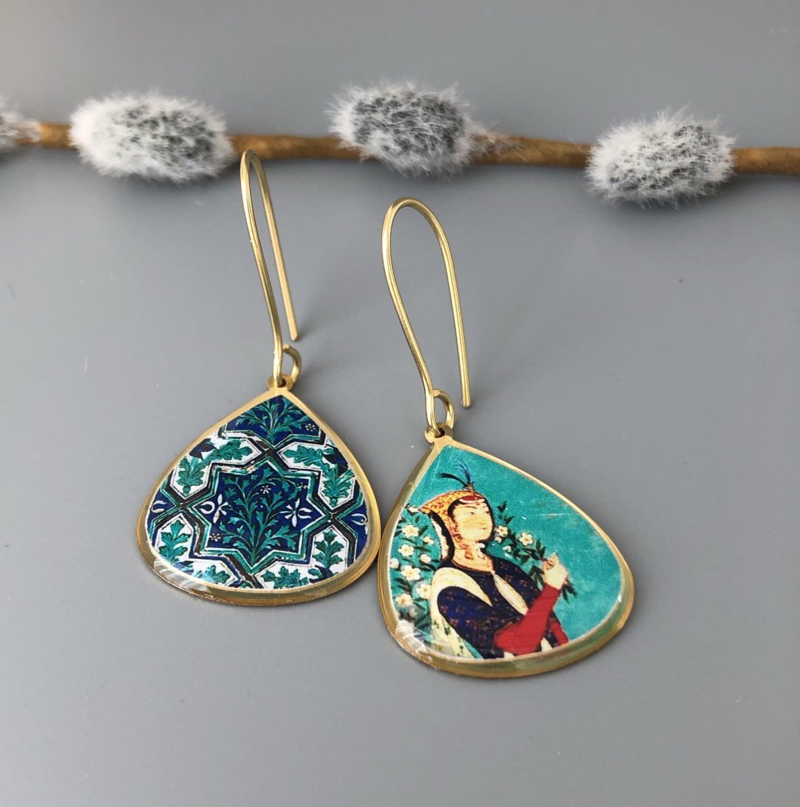 Persian Earrings-Dangle Earrings with Persian Painting:Persian Jewelry-Afra Art Gallery