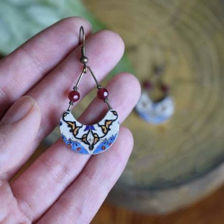 Persian Earrings-Drop Earrings with Colorful Persian Motifes:Persian Jewelry-AFRA ART GALLERY