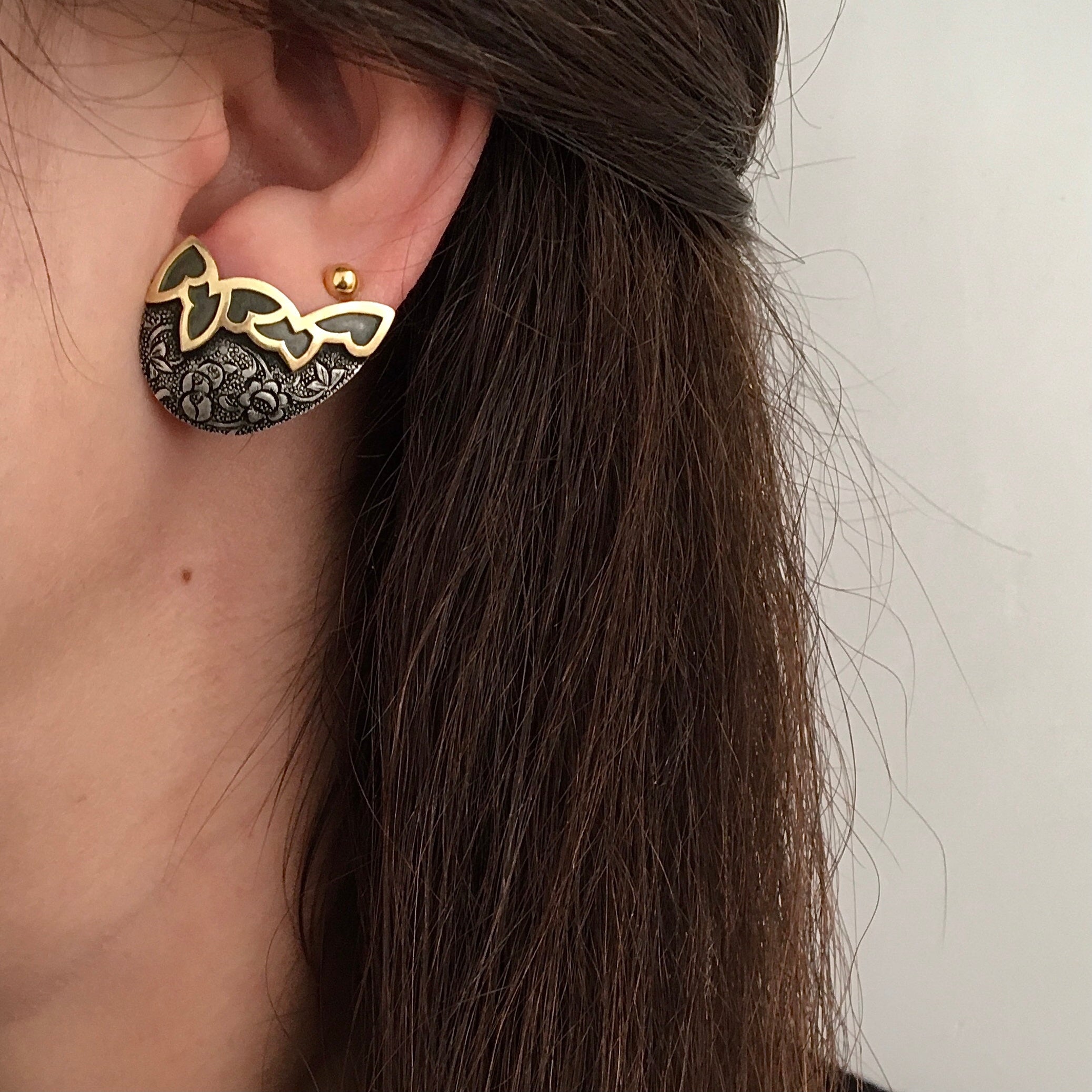 Persian Earrings-Flower and Bird Engraved Small Ear Cuff: Persian Jewelry-AFRA ART GALLERY